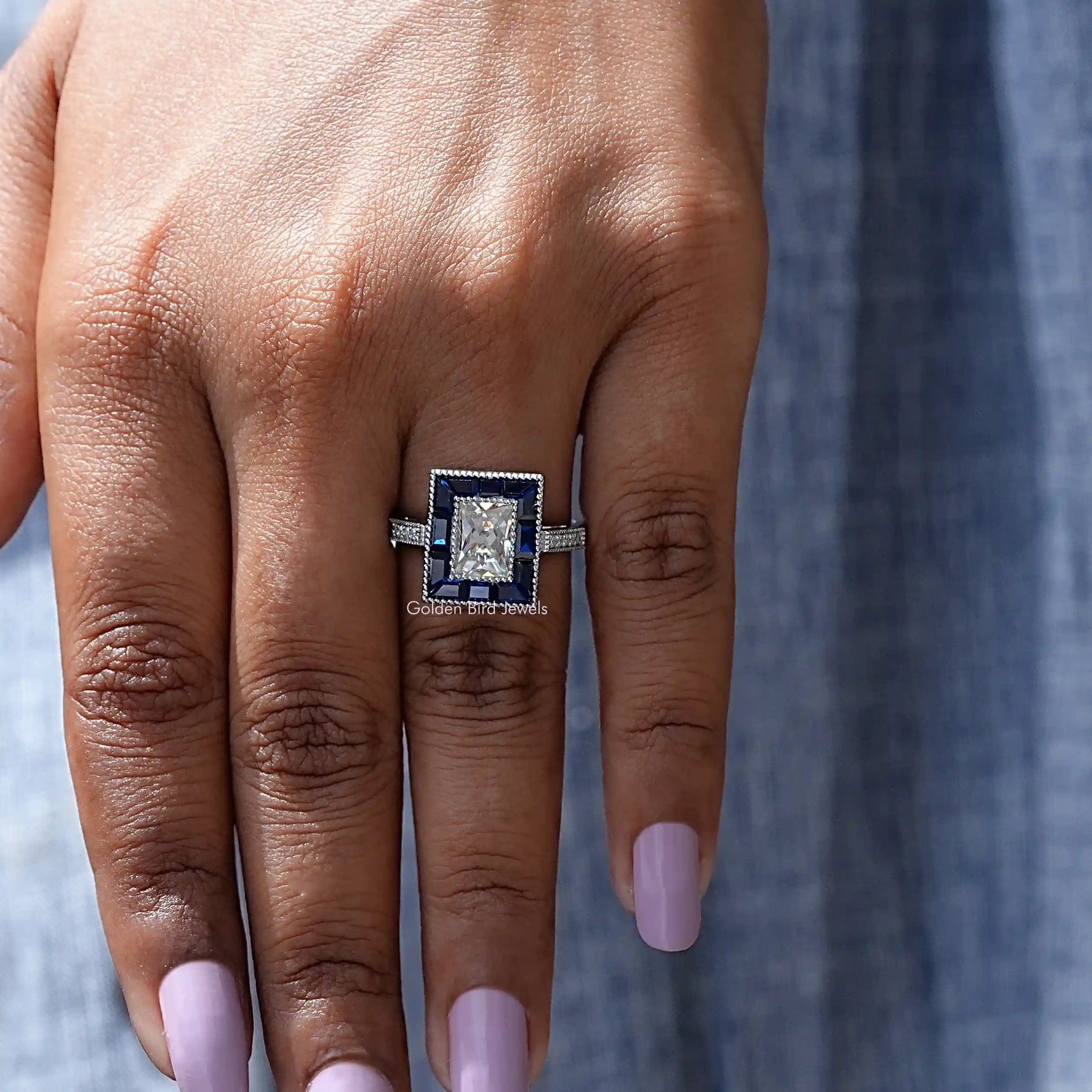 Close-Up View of Radiant Cut Moissanite Halo Ring In White Gold