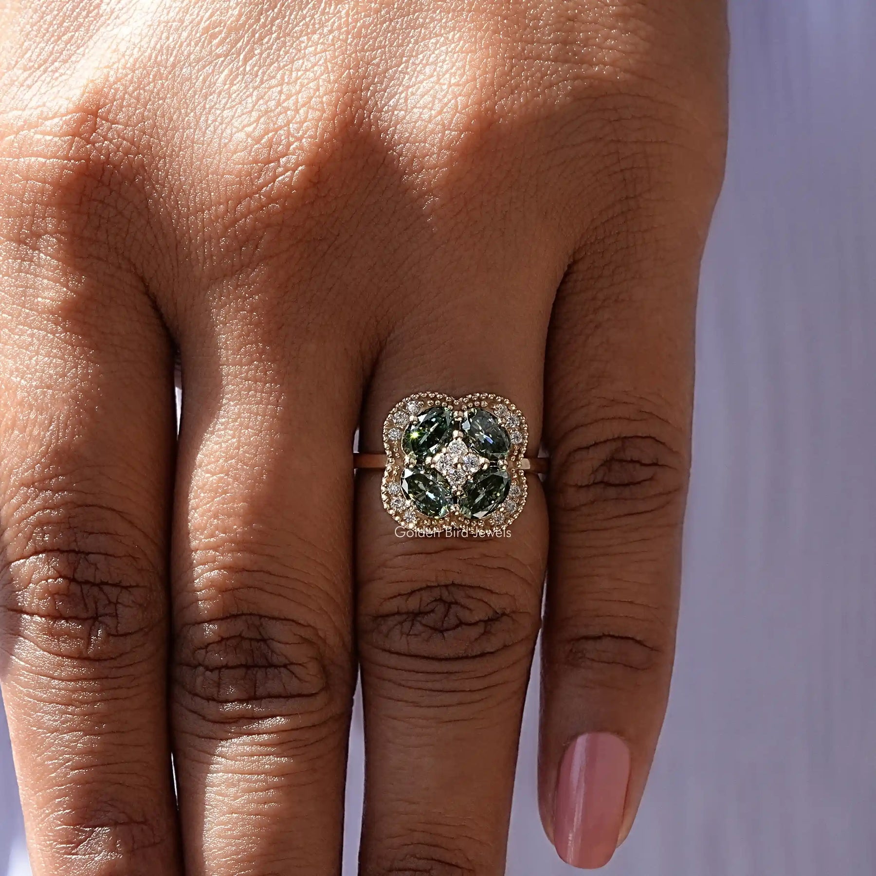 View of Green Oval Cut Moissanite Engagement Ring In White Gold