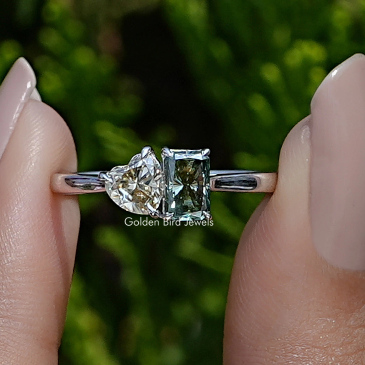 Front view of Heart And Radiant Cut Moissanite Toi Et Moi Ring