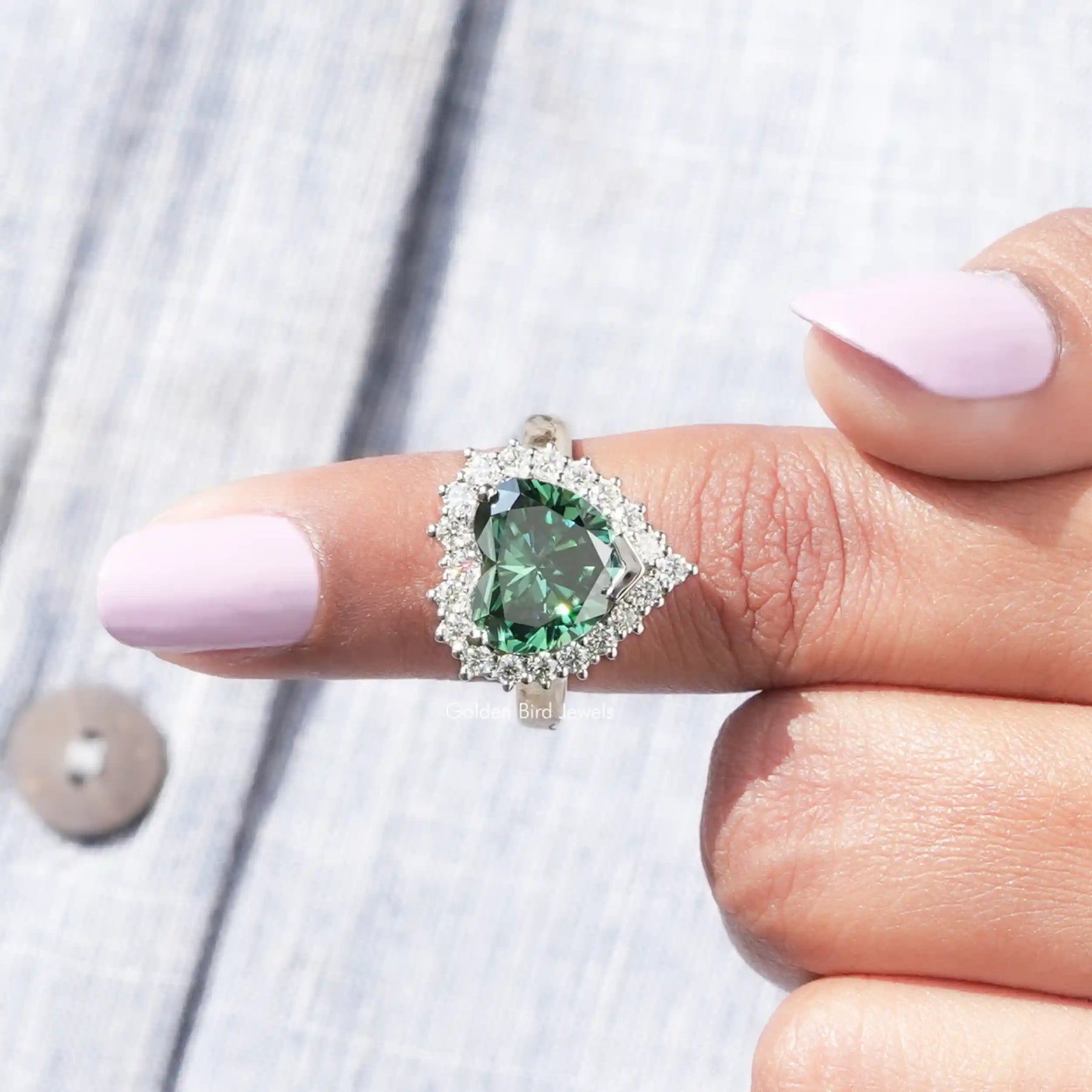 In finger front View of Heart Cut Moissanite Ring