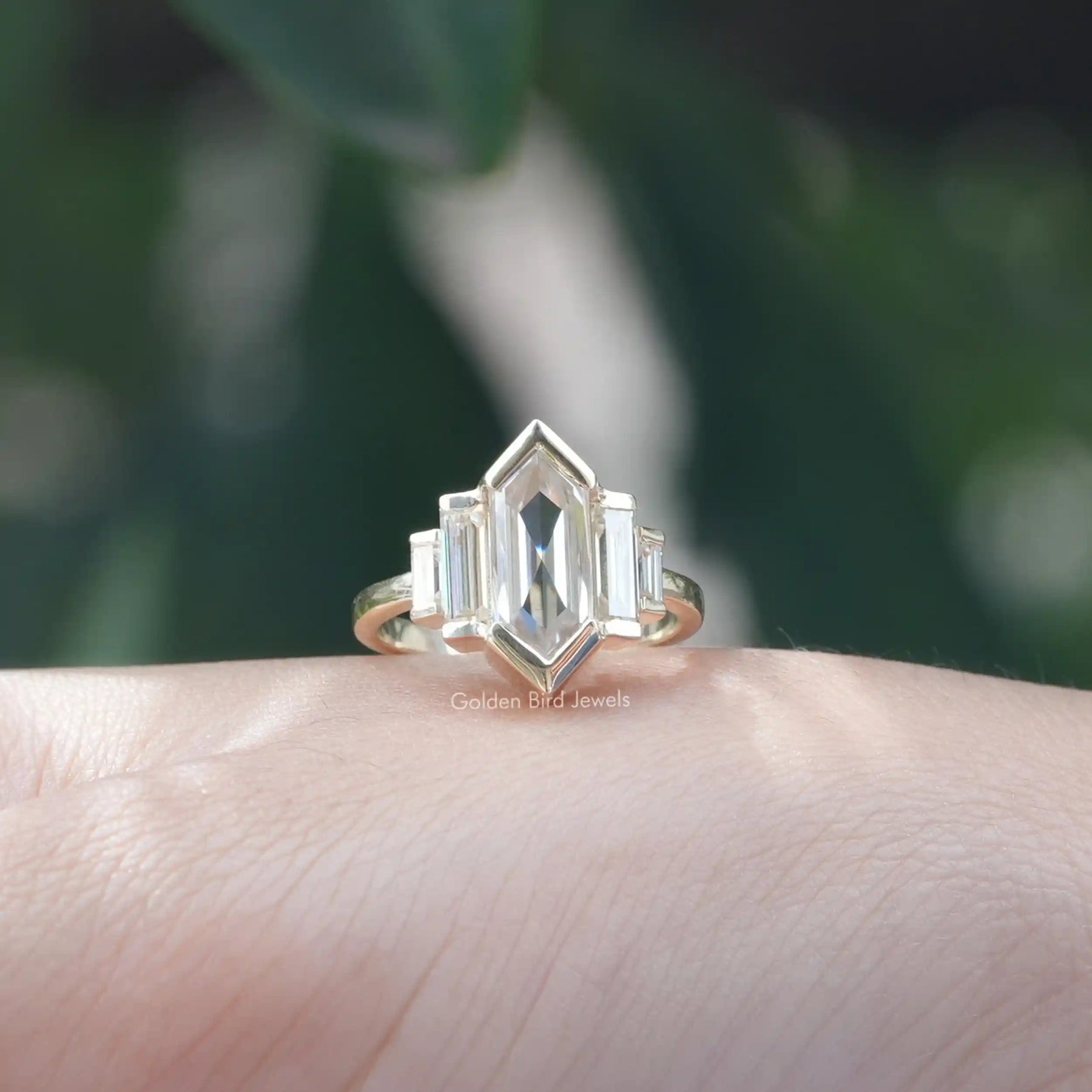 View of Hexagon Cut Baguette Moissanite Engagement Ring
