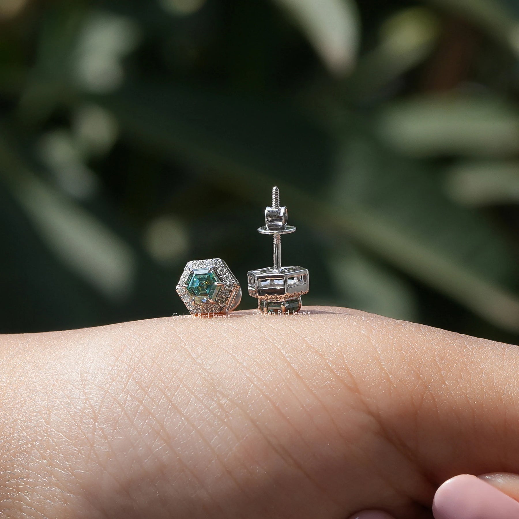 Front And Back Side View Of solitaire stud earrings in white gold