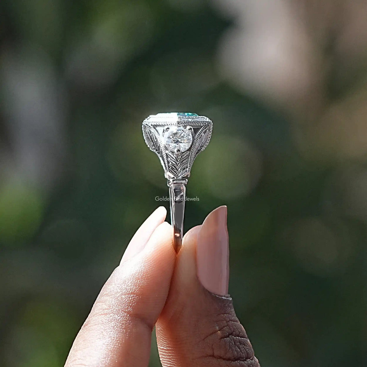 Hexagon Moissanite Three Stone Engagement Ring