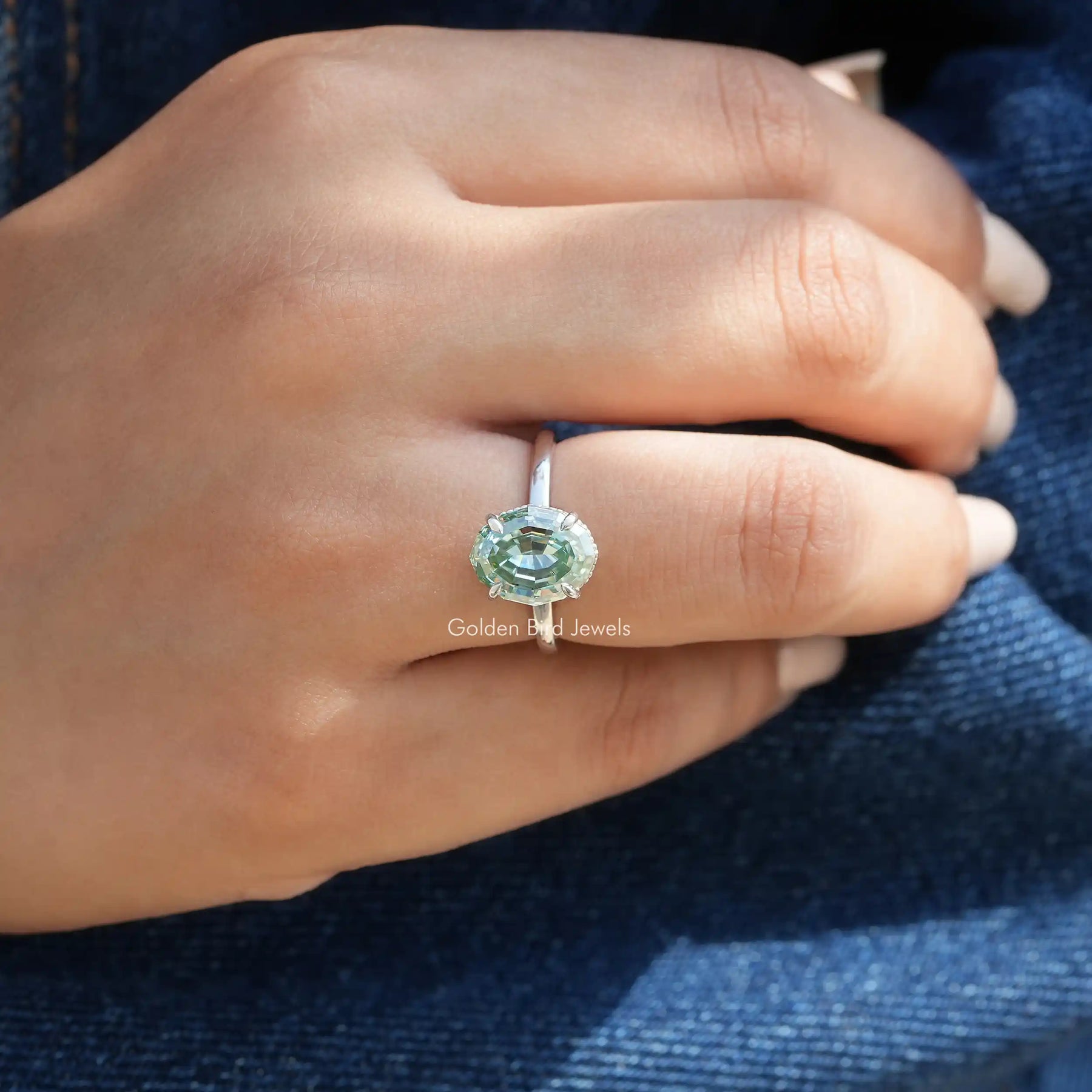 Detailed View of Moissanite Oval Cut Solitaire Engagement Ring In White Gold