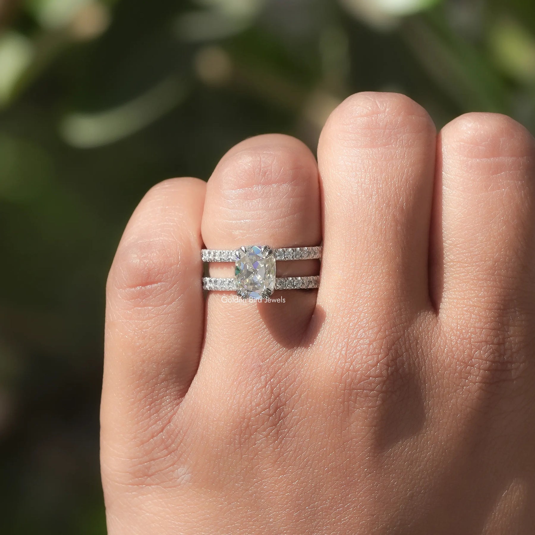 Cushion Cut Moissanite Ring In finger