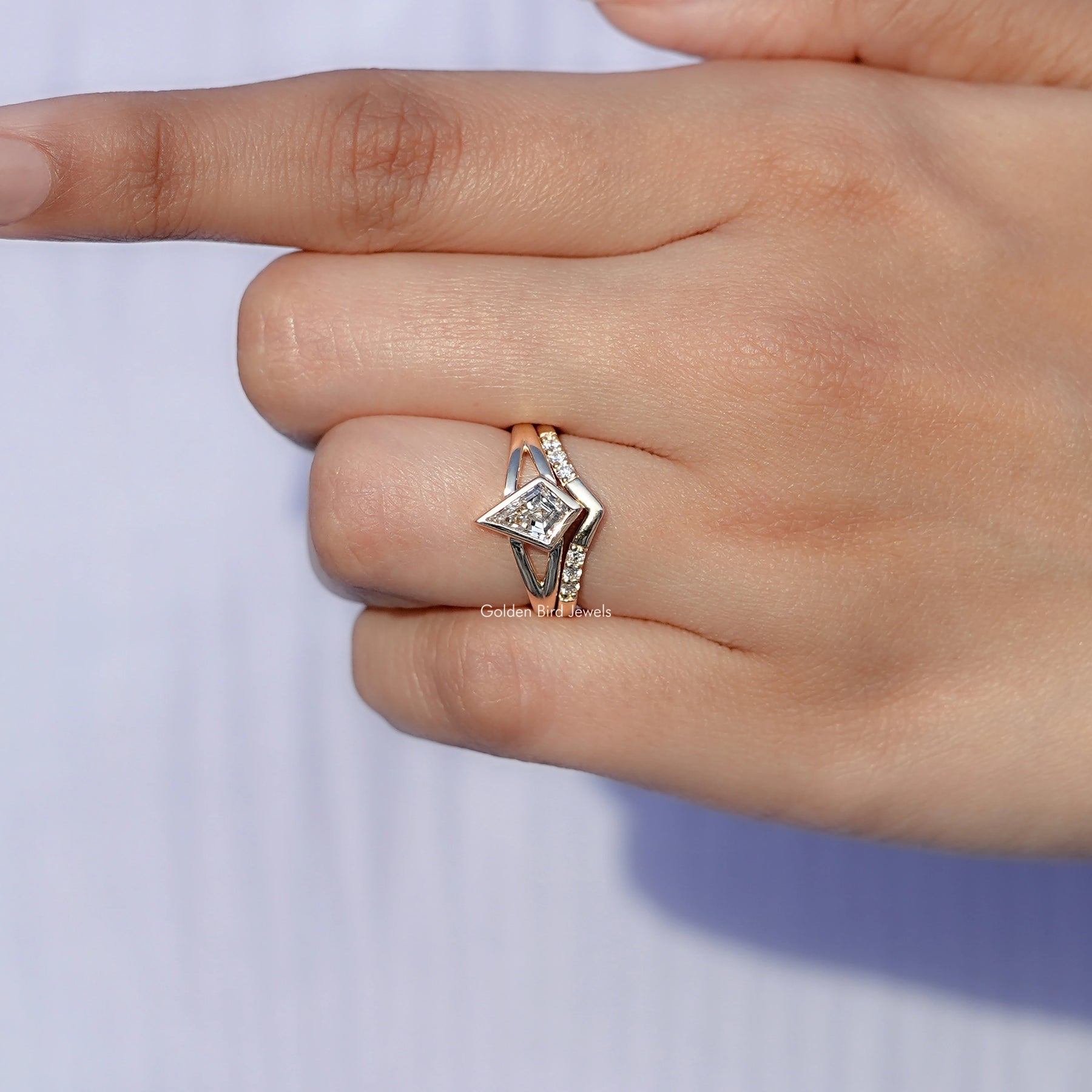 View of Kite Cut Lab Diamond Ring In Yellow Gold