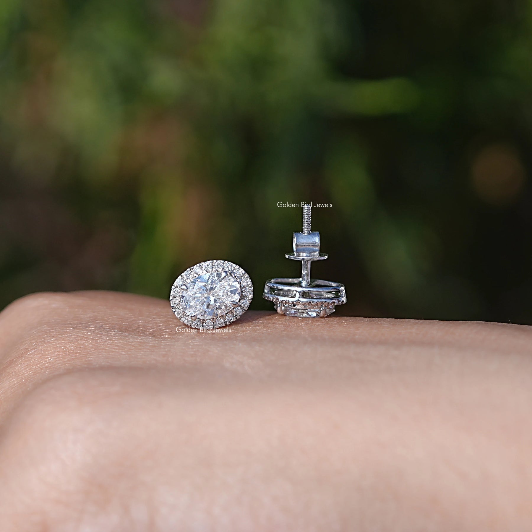 Front and Back View of Oval Cut Halo Diamond Studs Earrings In White Gold