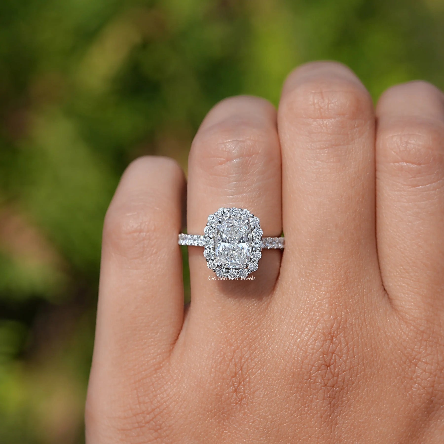 Close view of Cushion Lab Diamond Halo Accent Engagement Ring