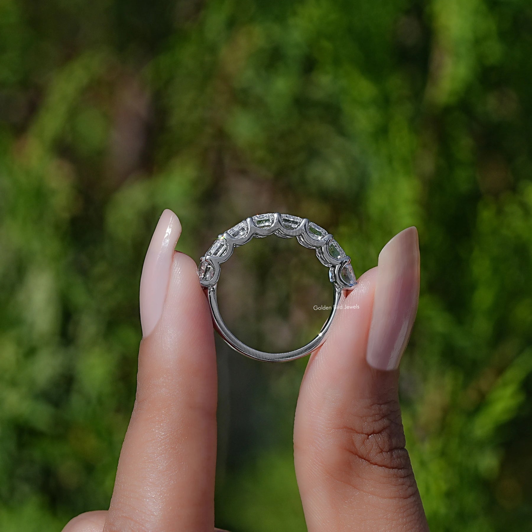Back View of Diamond Emerald Cut Eternity Band In two fingers