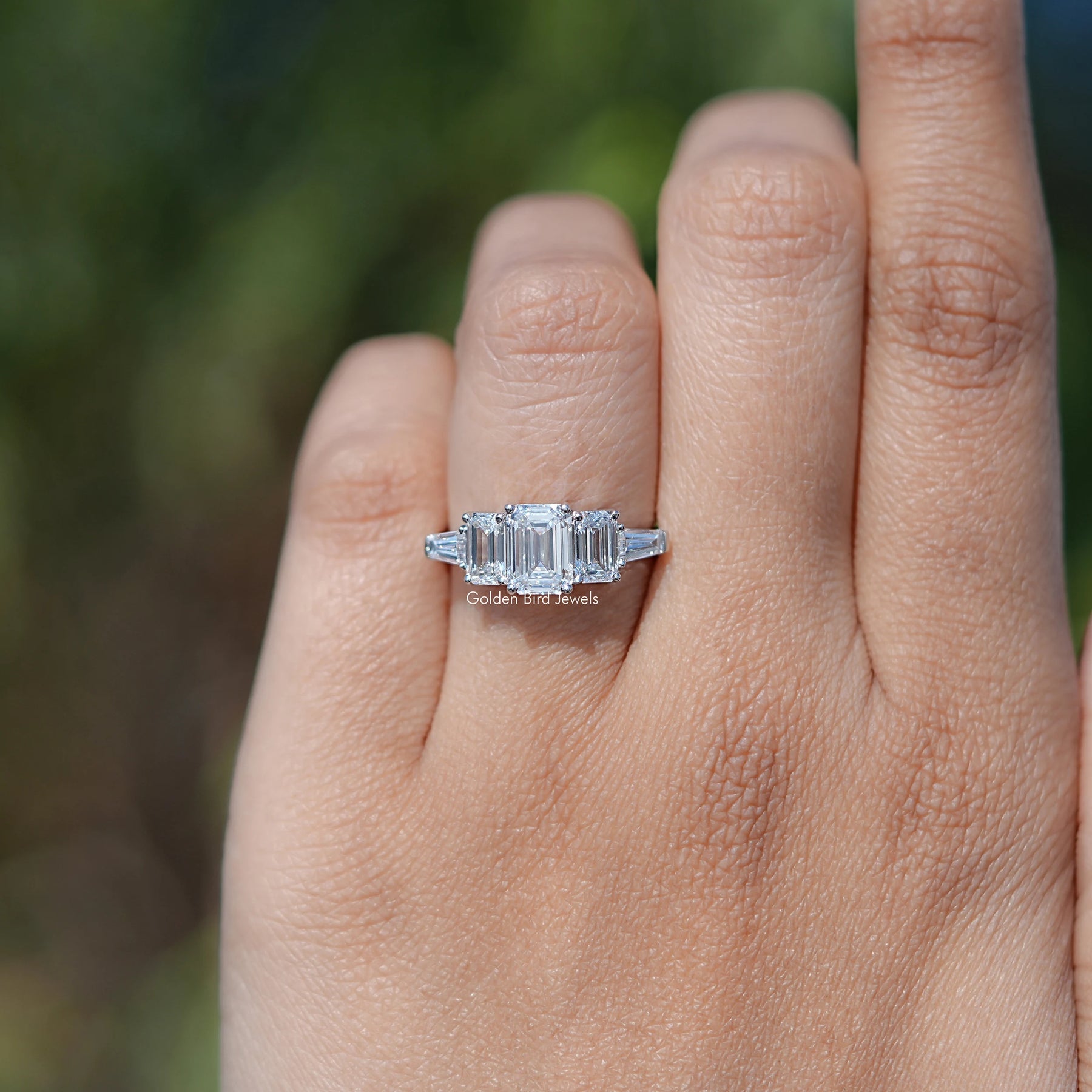 View of Emerald Cut Diamond Engagement Ring In White Gold