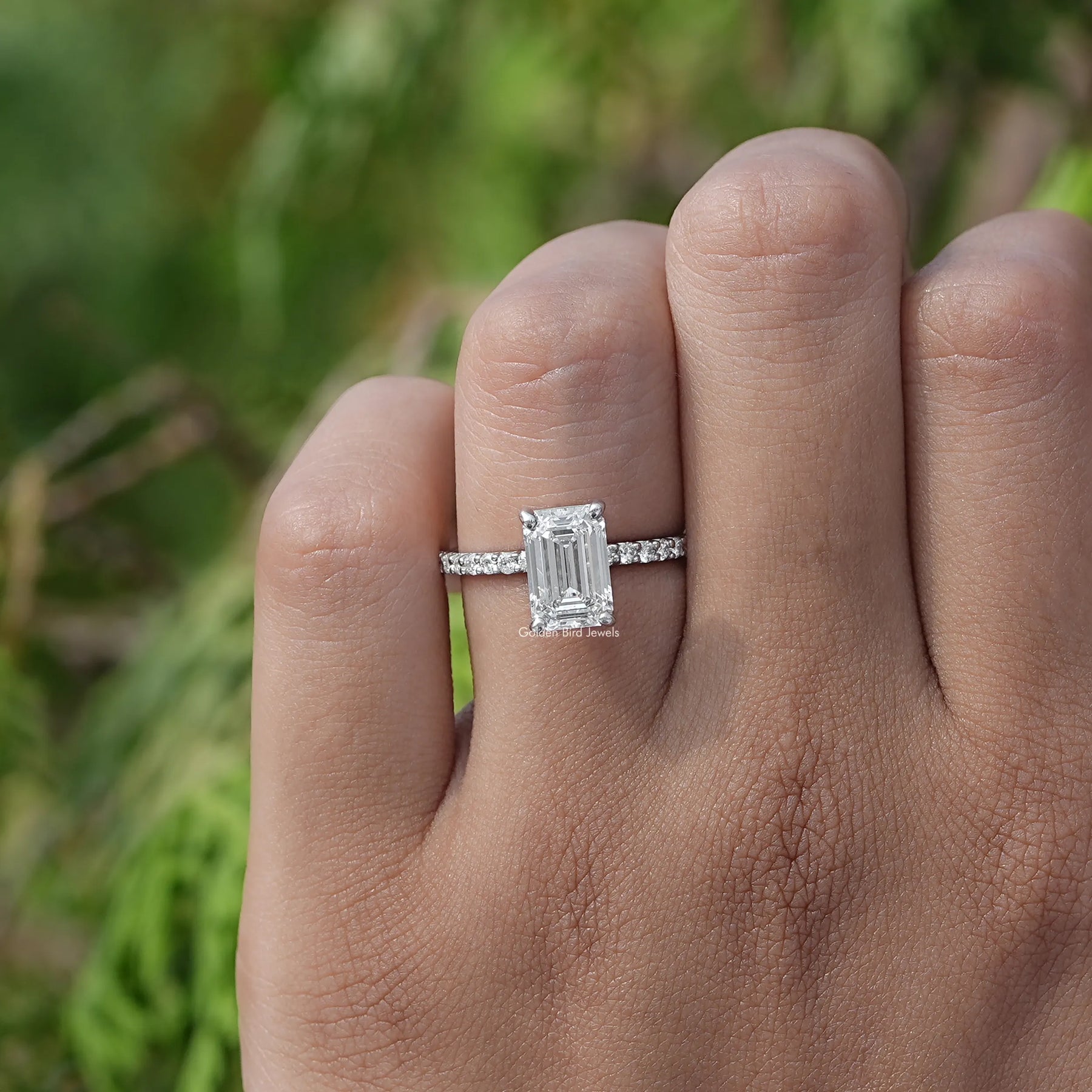 Close-Up View of Emerald Cut Lab Diamond Ring In White Gold