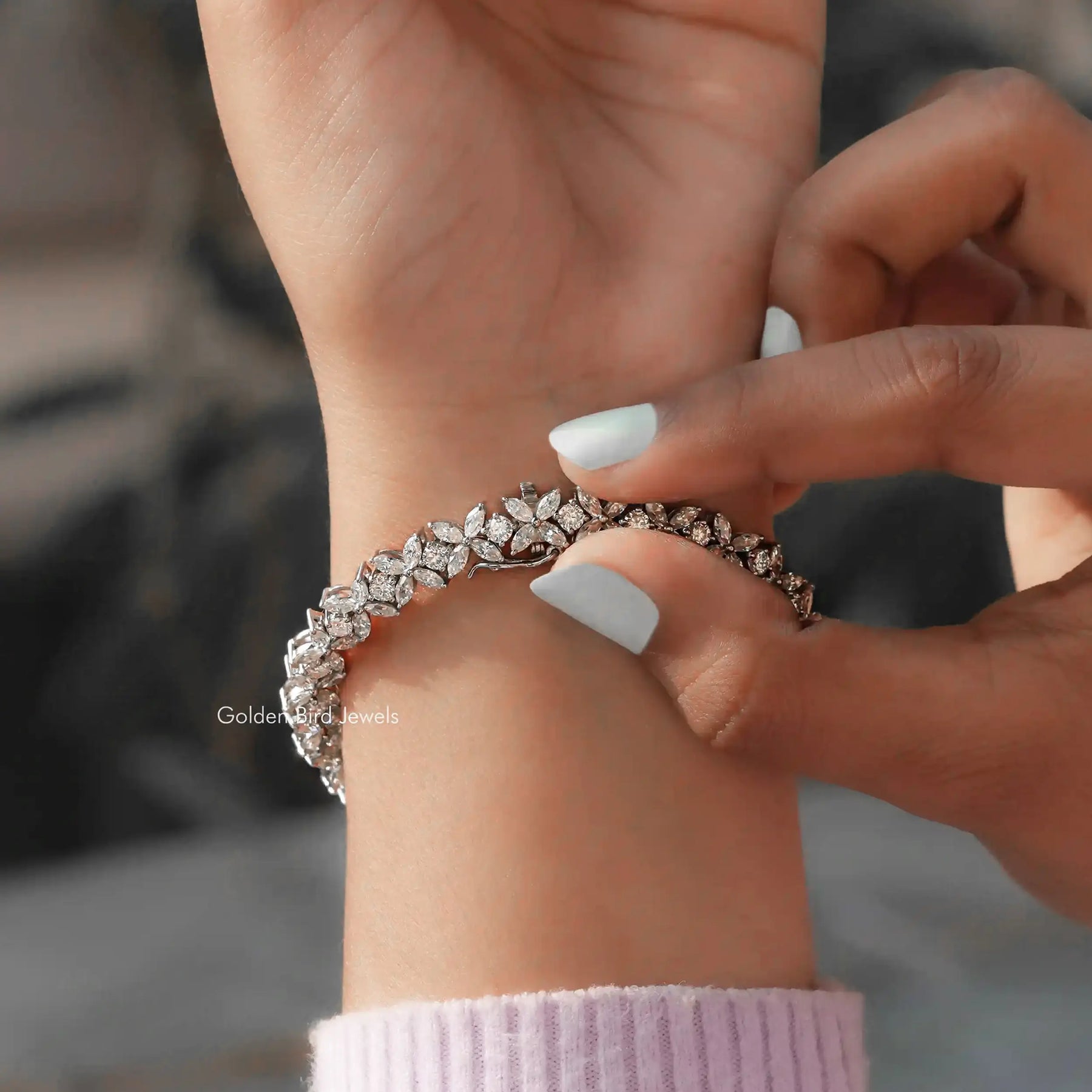 In back hand view of Diamond Marquise Cut Round Multi Bracelet In White Gold