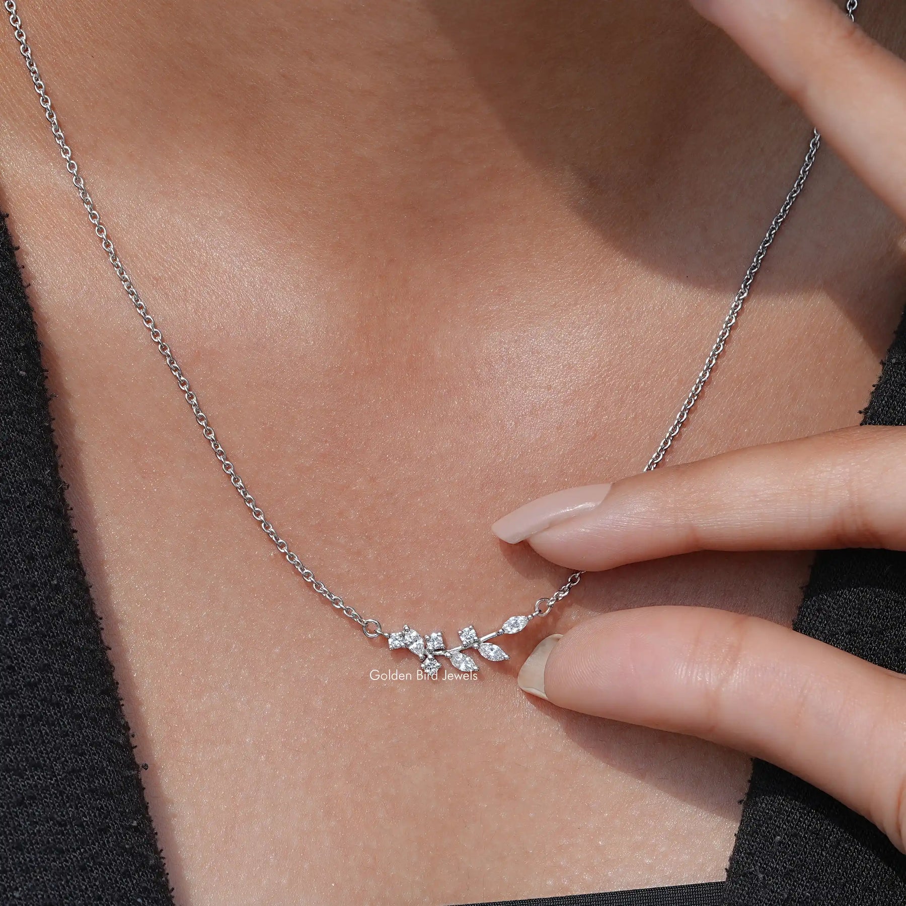 Front View Of Diamond Marquise Cut Leaf Pendant In White Gold
