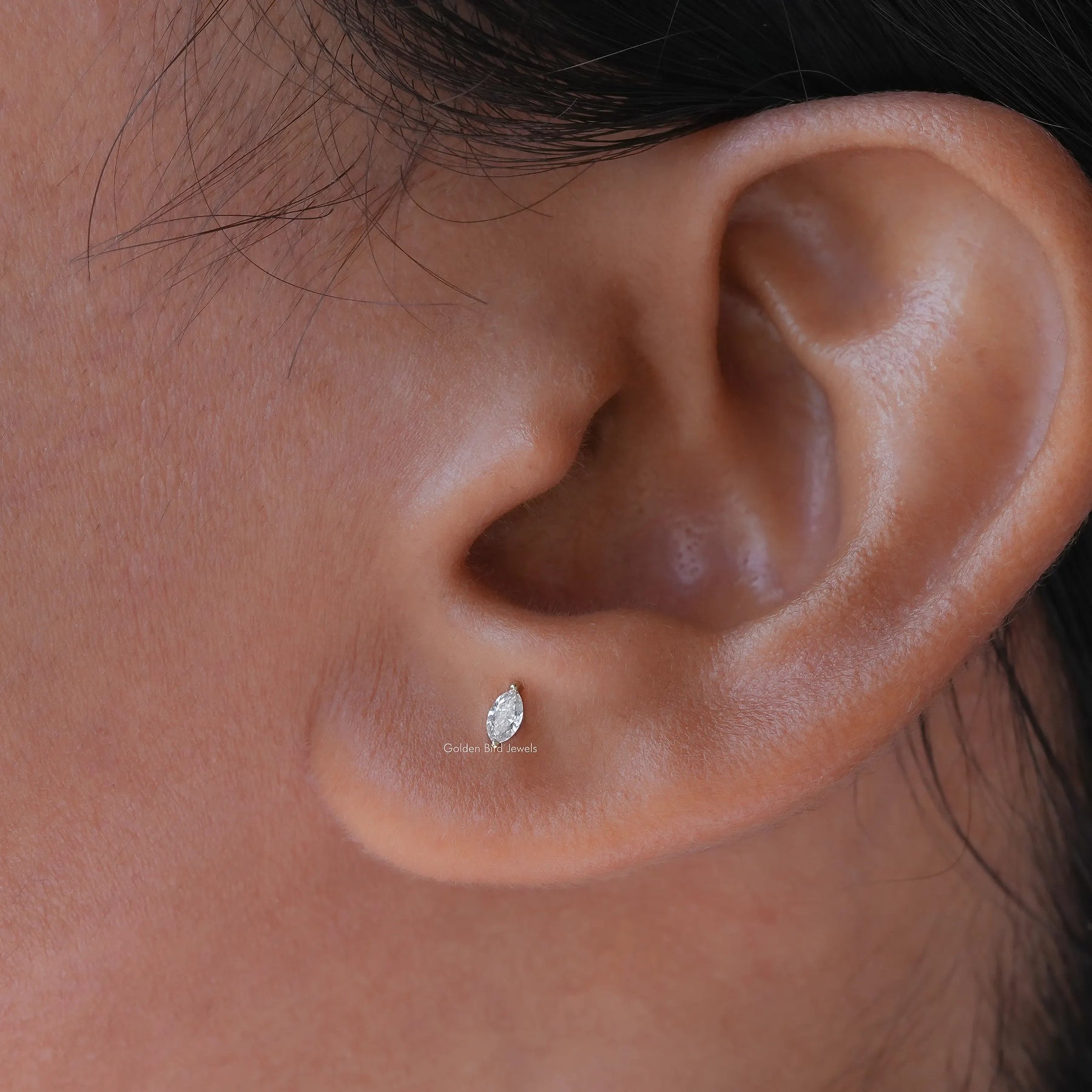 In Ear Front View Of White Gold Marquise Cut Solitaire Stud Earrings