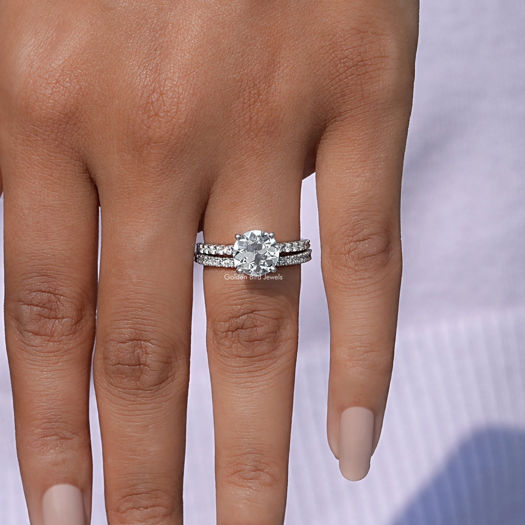 Close-Up View of Old European Round Cut Bridal Ring Set