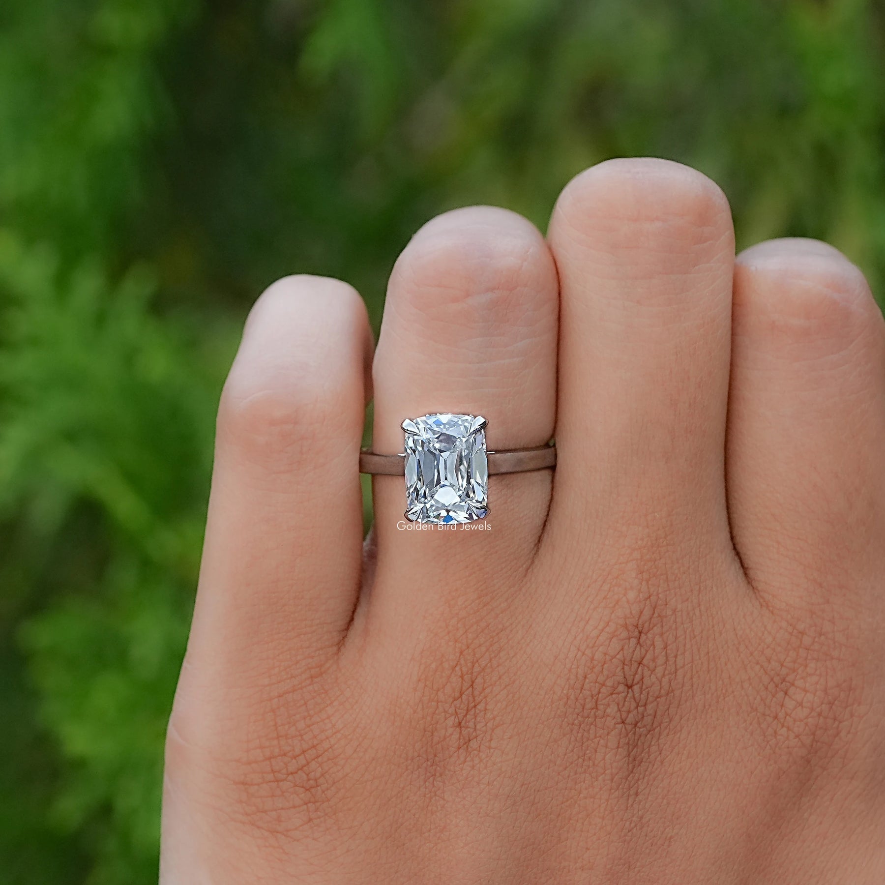 Close-Up View of Old Mine Elongated Cushion Cut Hidden Halo Ring In White Gold
