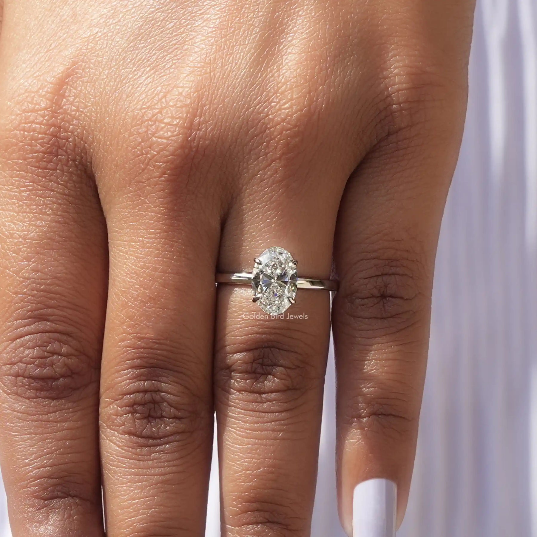 View of Diamond Oval Cut Solitaire Ring In finger