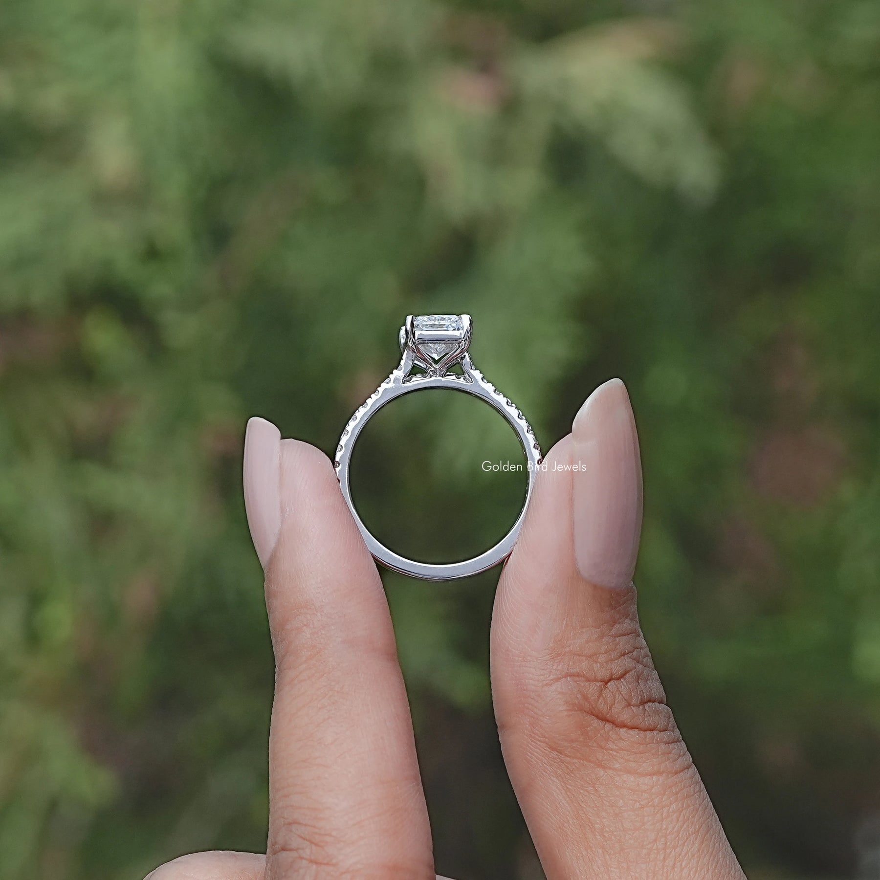 Back view of Lab Diamond Radiant Cut in secure setting