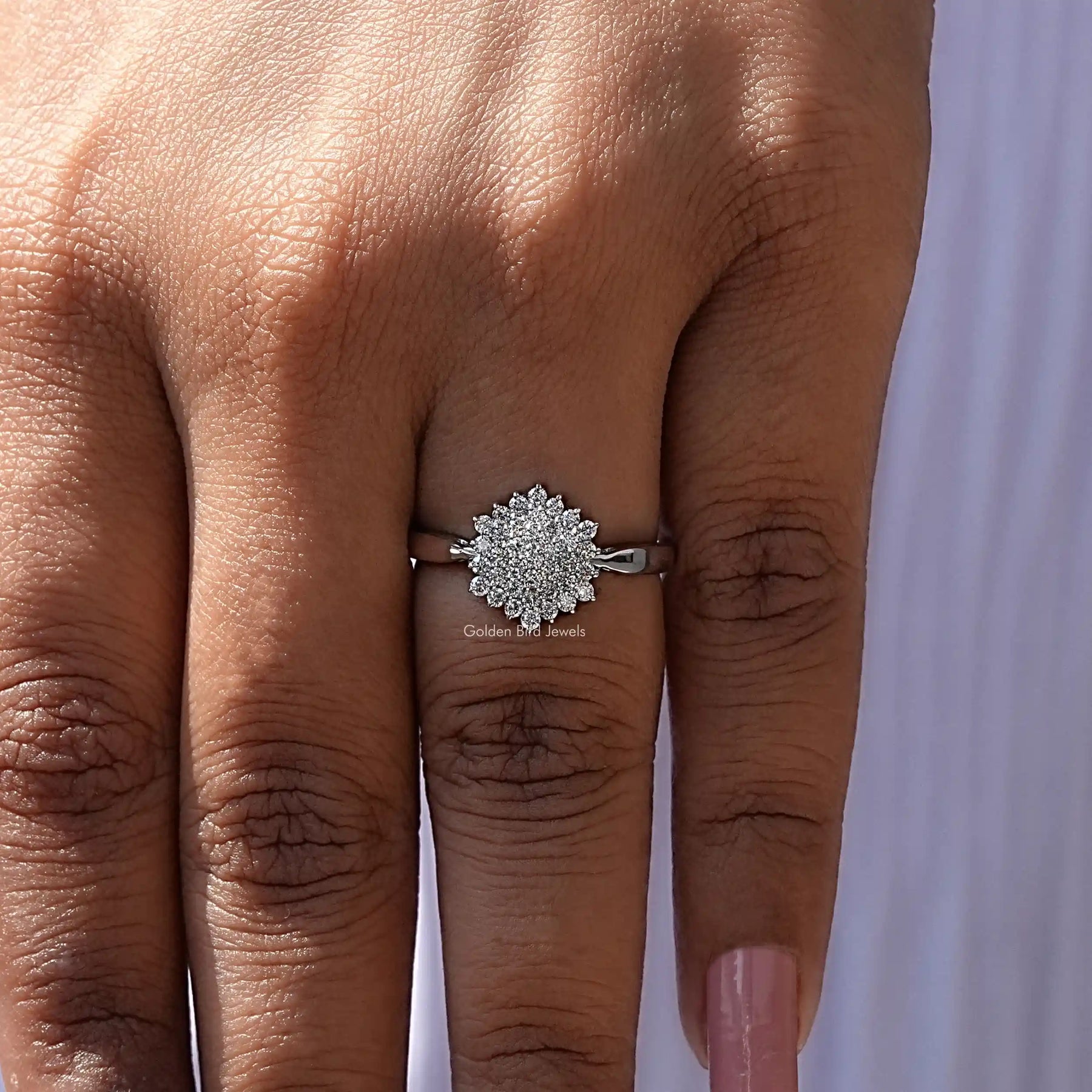 14k white gold round shaped lab diamond cluser engagement ring