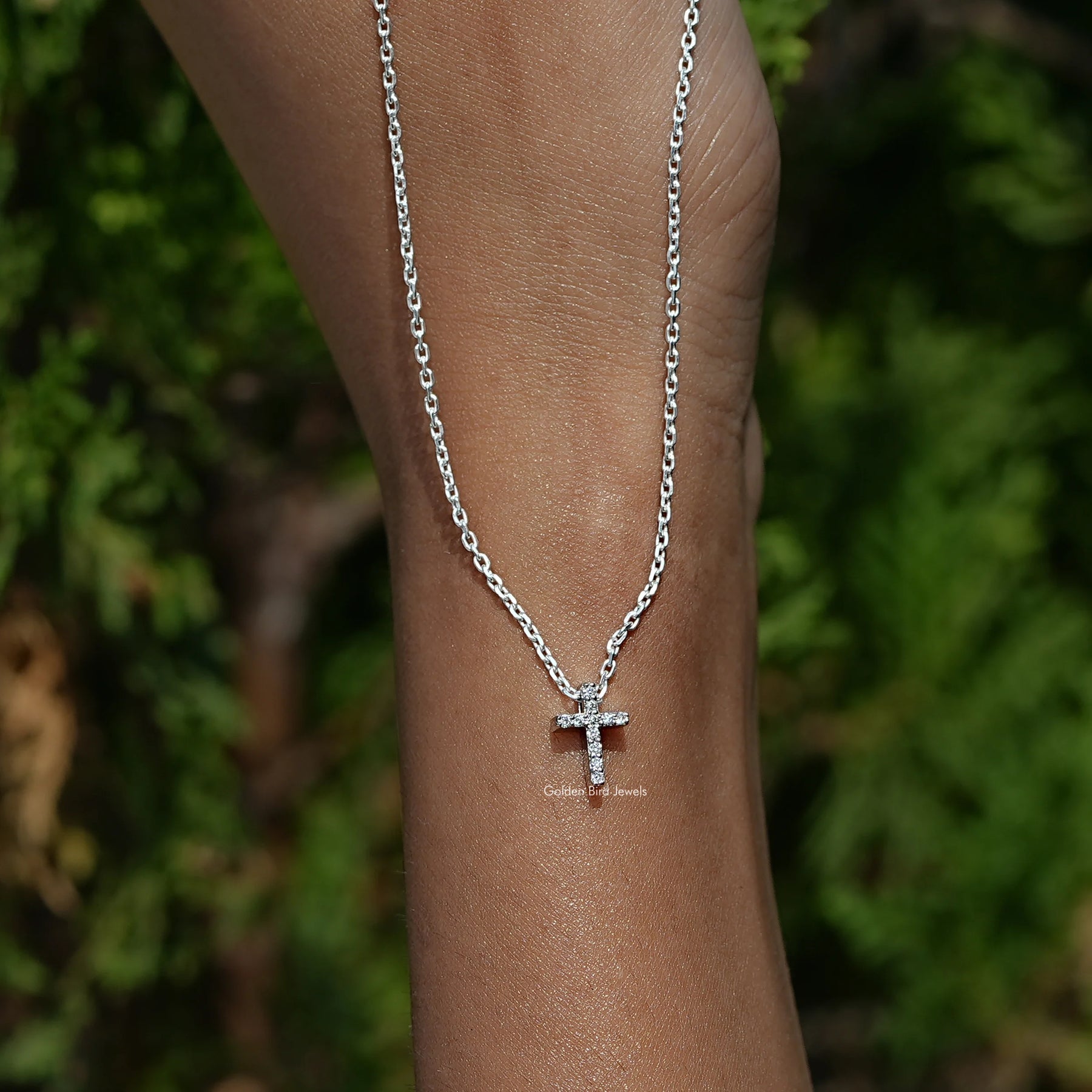 View of Round Cut Diamond Cross Pendant In Wear's of Women's