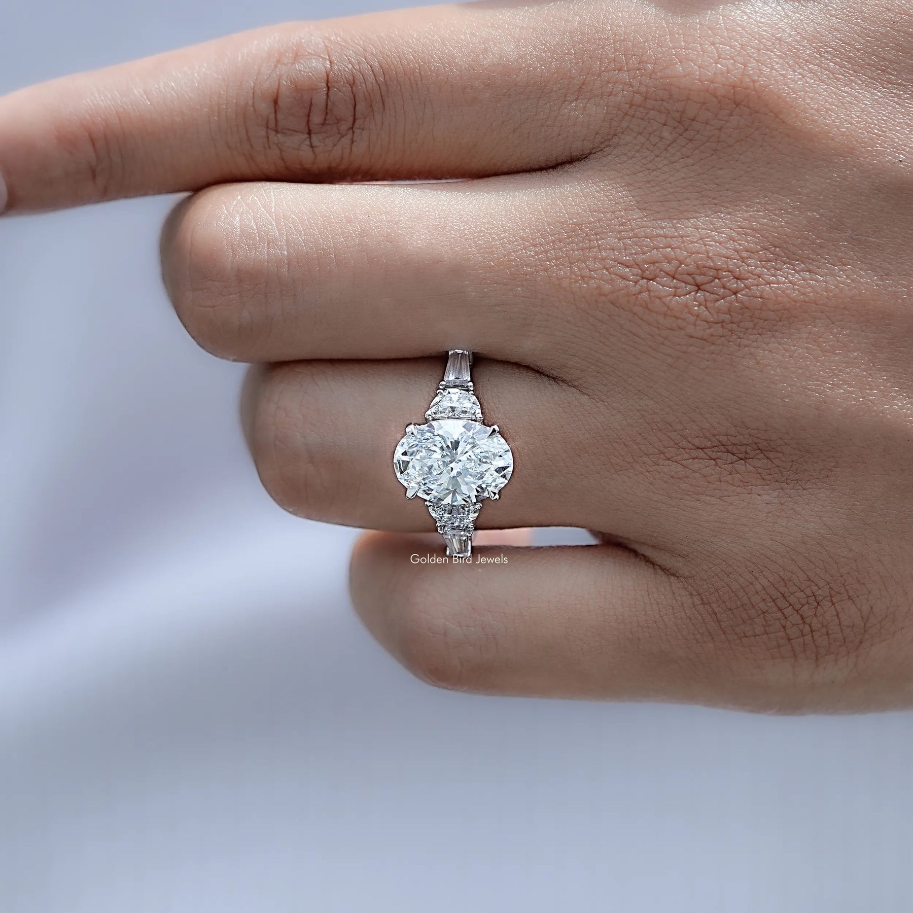 Detailed view of Oval And Half Moon Lab Diamond Five Stone Ring