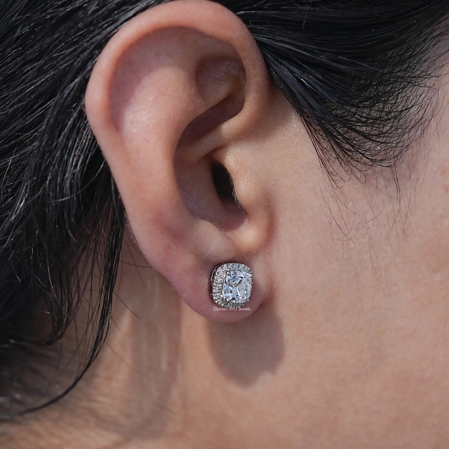 View of Old Mine Cushion Cut Halo Earrings In Women's Ear's