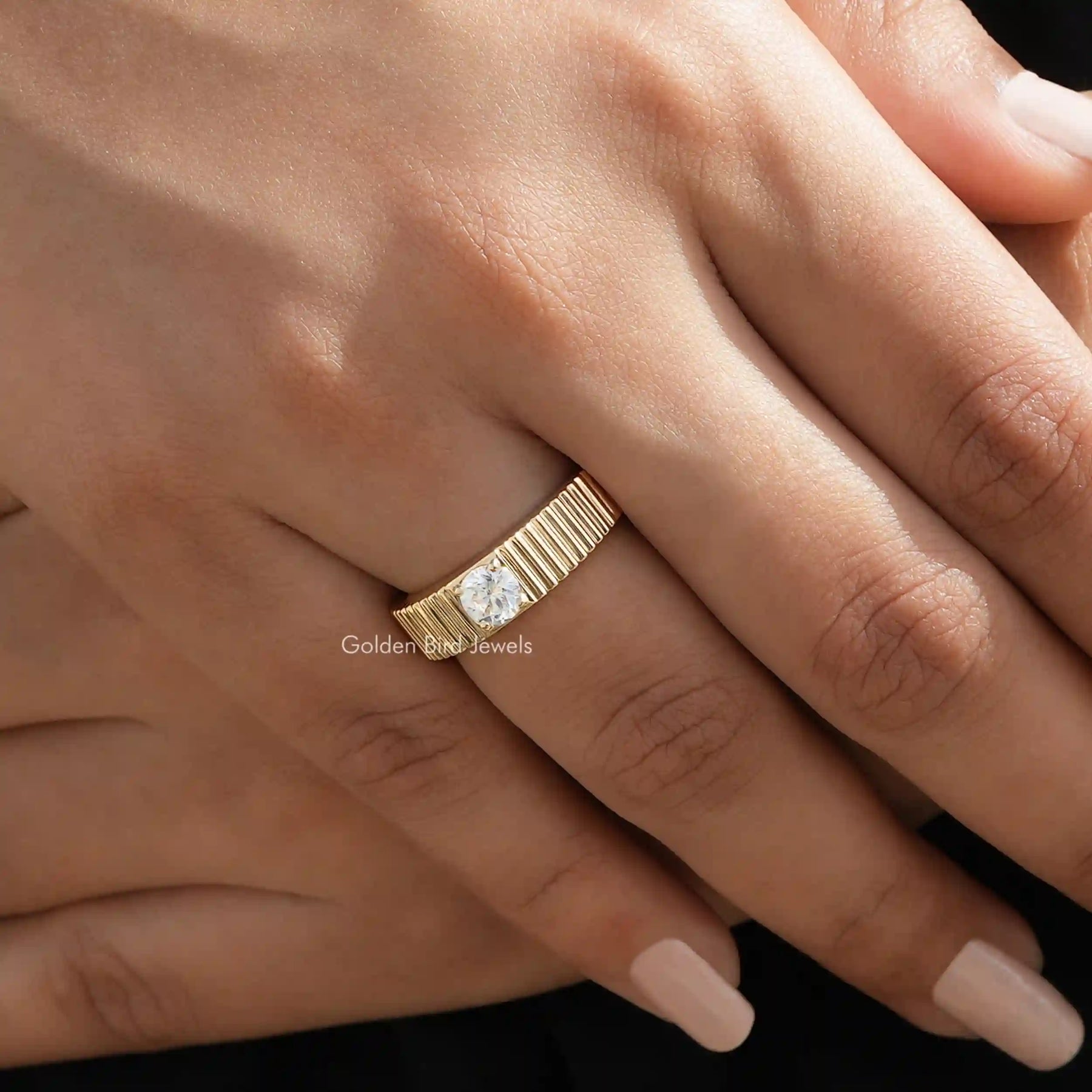 Detailed View Of Round Cut Solitaire Engagement Ring In Yellow Gold
