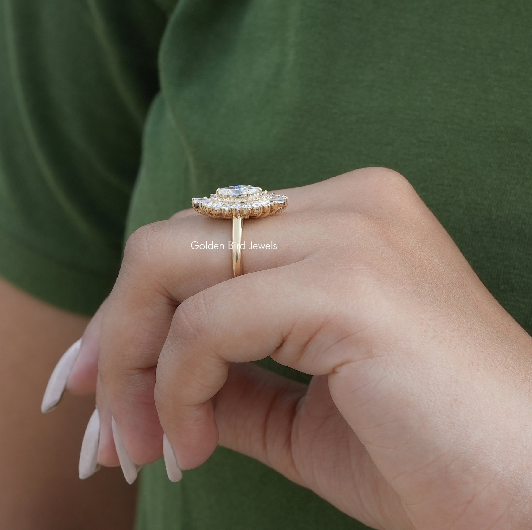Side View of Baguette Cut Halo Lab Diamond Ballerina Ring In finger
