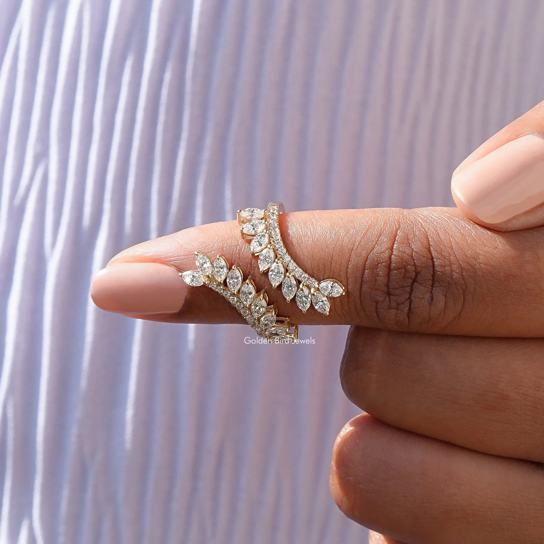 In finger front View of Marquise Cut Bypass Set Diamond Wedding Ring
