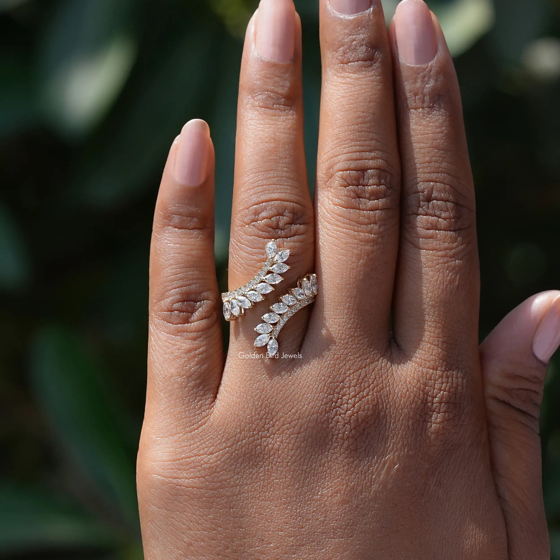 Close-Up View of Bypass Set Marquise Cut Wedding Ring In Yellow Gold