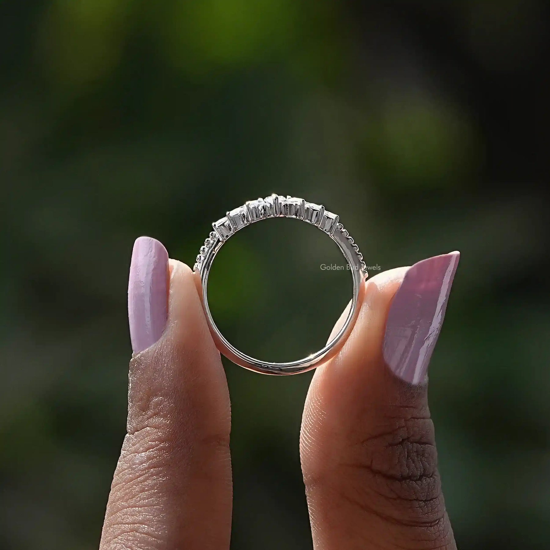 Back View of Marquise Cut Diamond Wedding Band In two fingers