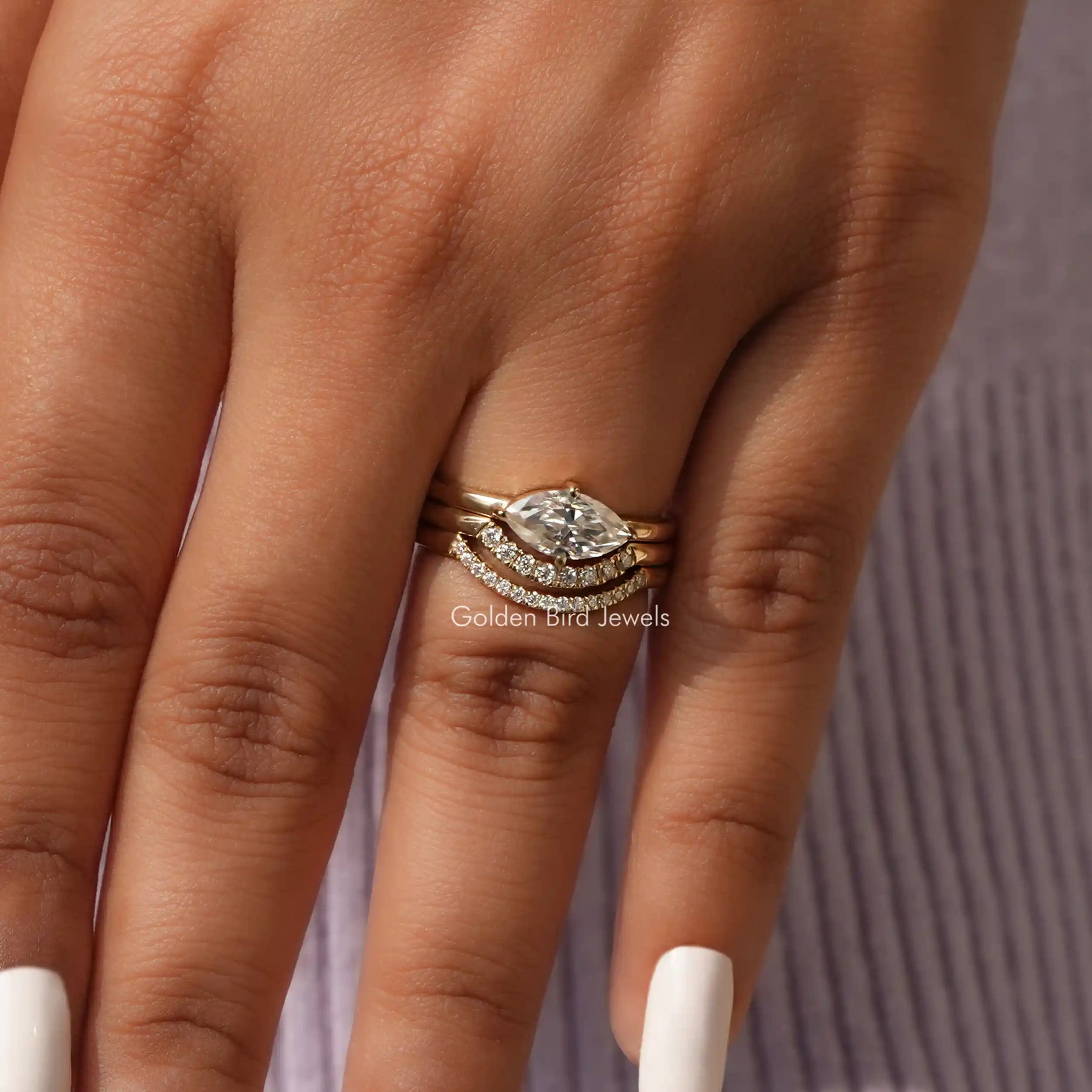 View of Marquise Cut Bridal Ring Set Ring In Finger
