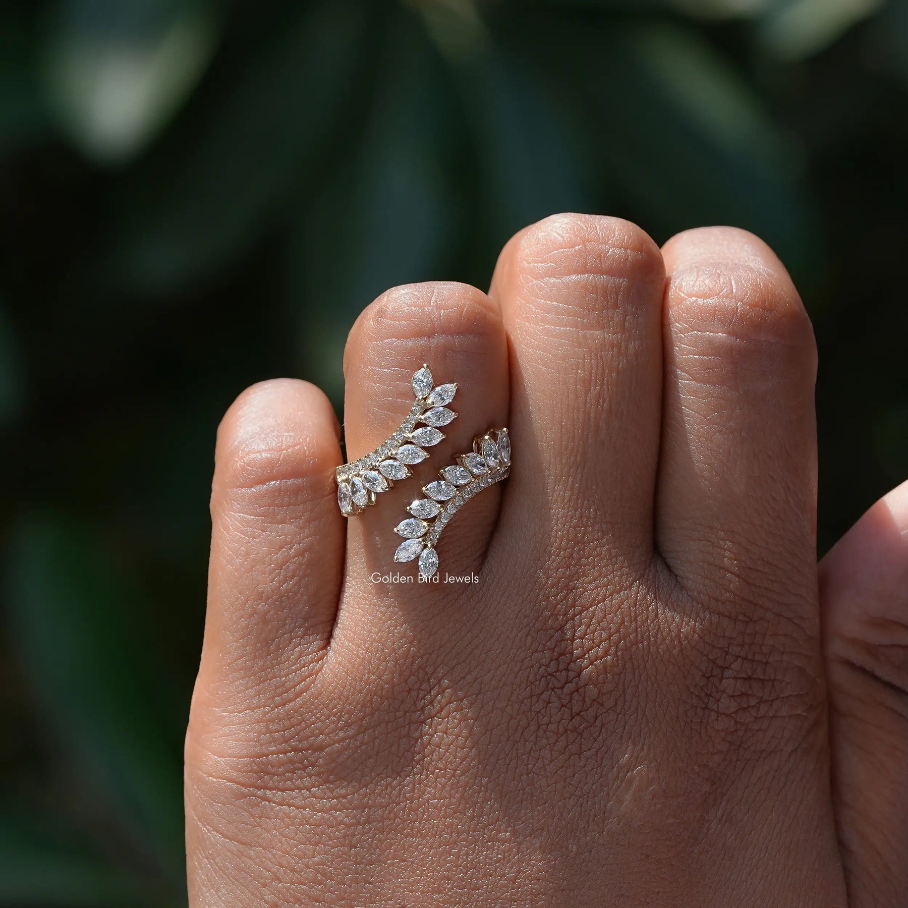 View of Marquise Cut Bypass Set Lab Grown Ring In Yellow Gold