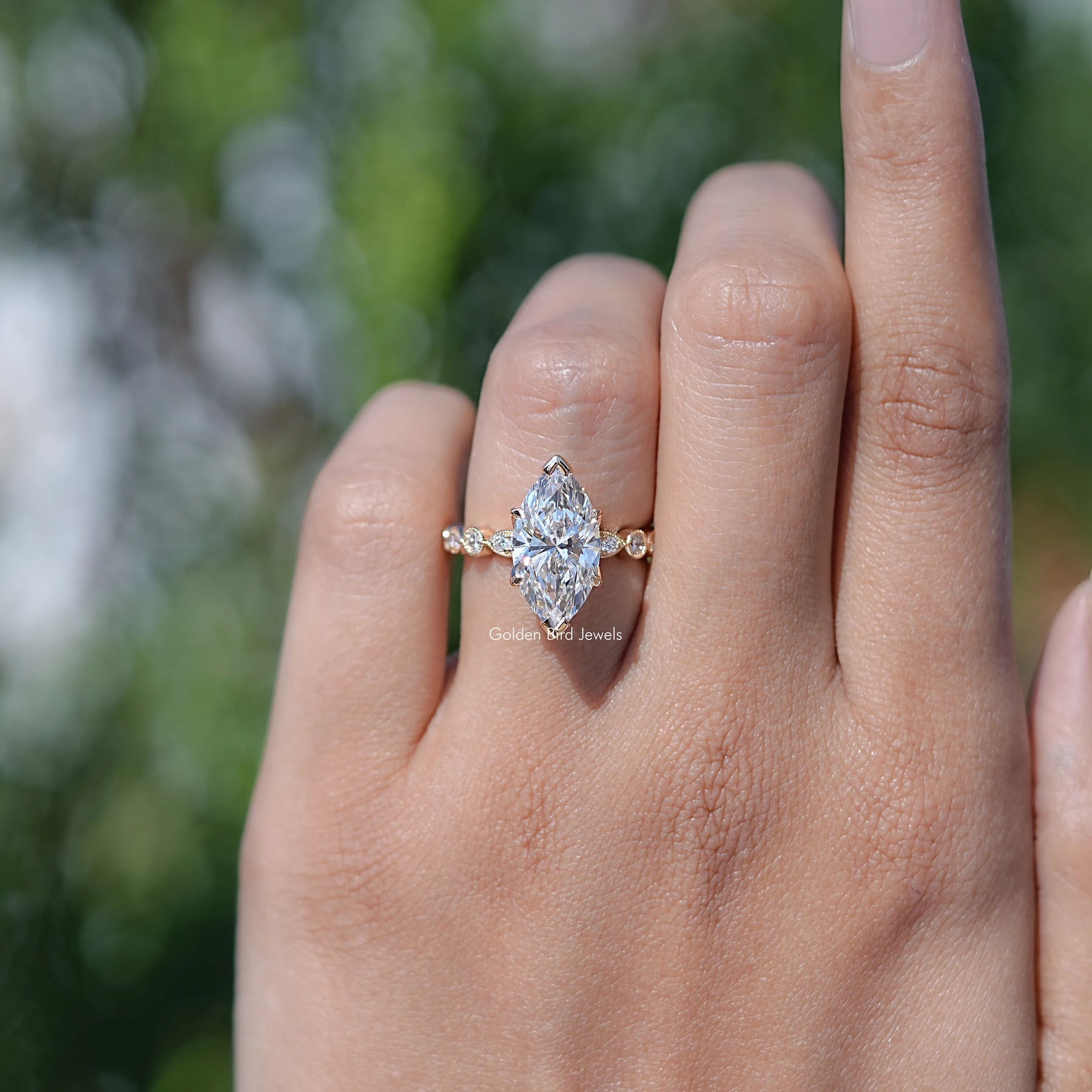 In finger front view of Lab Diamond Accent Set Bridal Ring