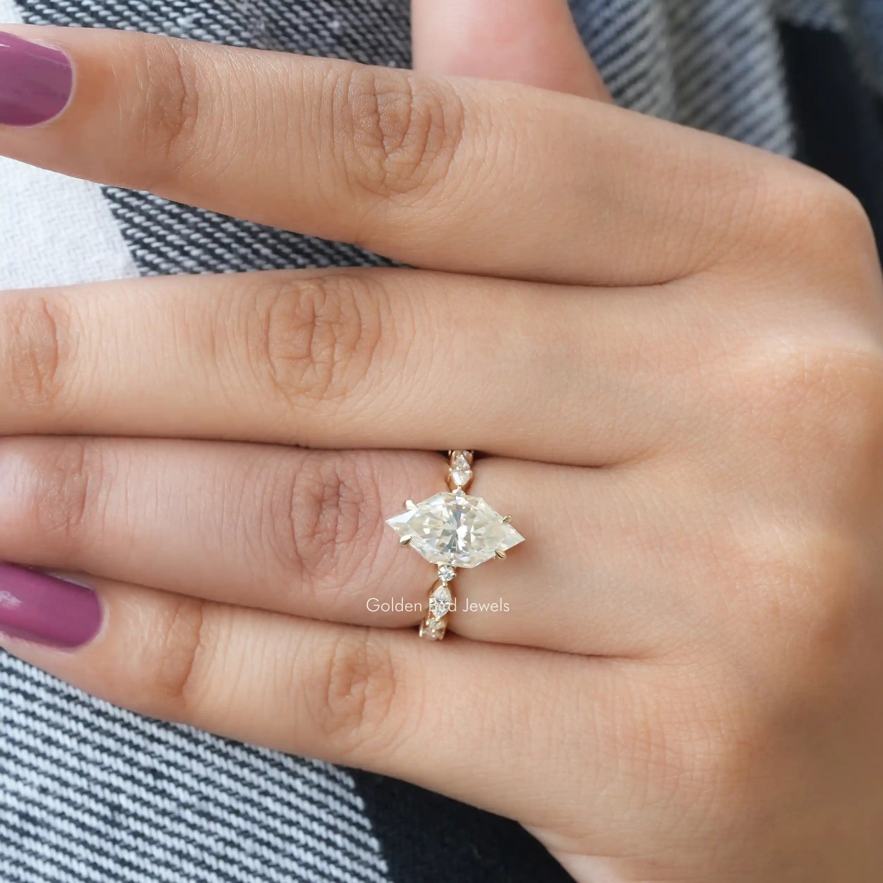 Close-up of Marquise Cut Moissanite Ring with sparkling details