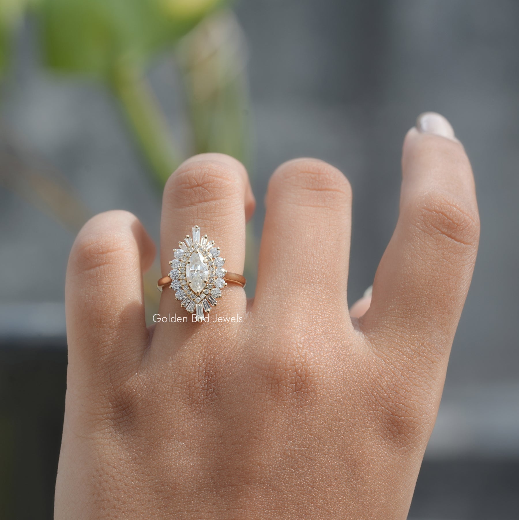 View of Marquise Cut Halo Diamond Engagement Ring In Finger