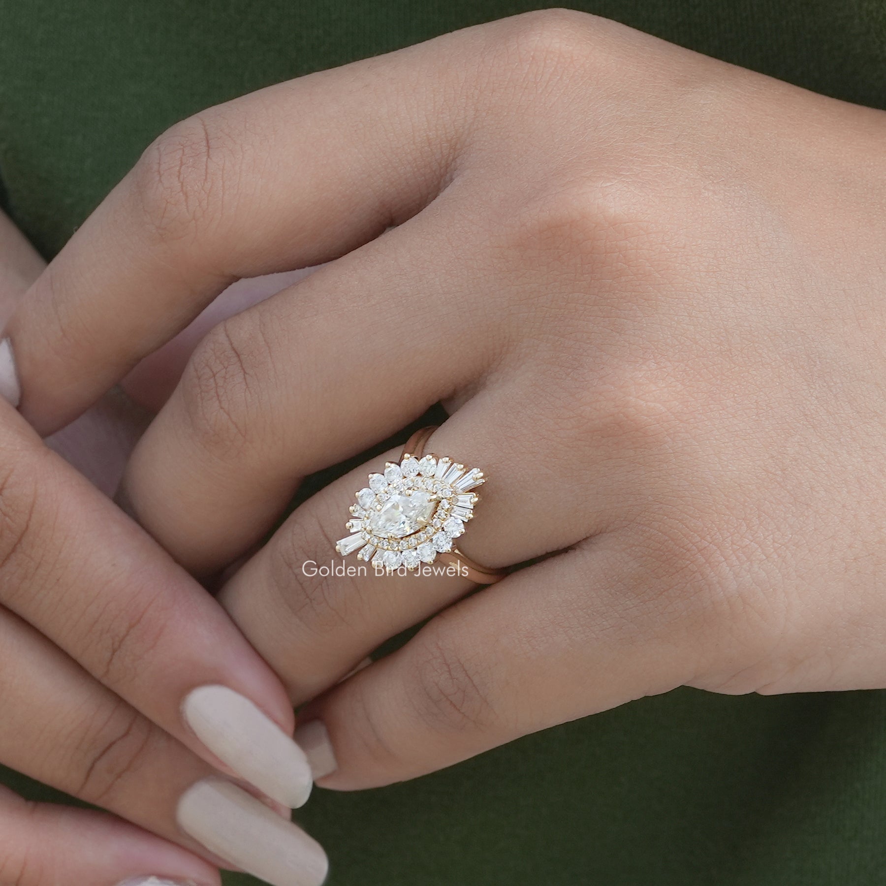 View of Marquise Cut Halo Lab Diamond Ballerina Ring In Yellow Gold
