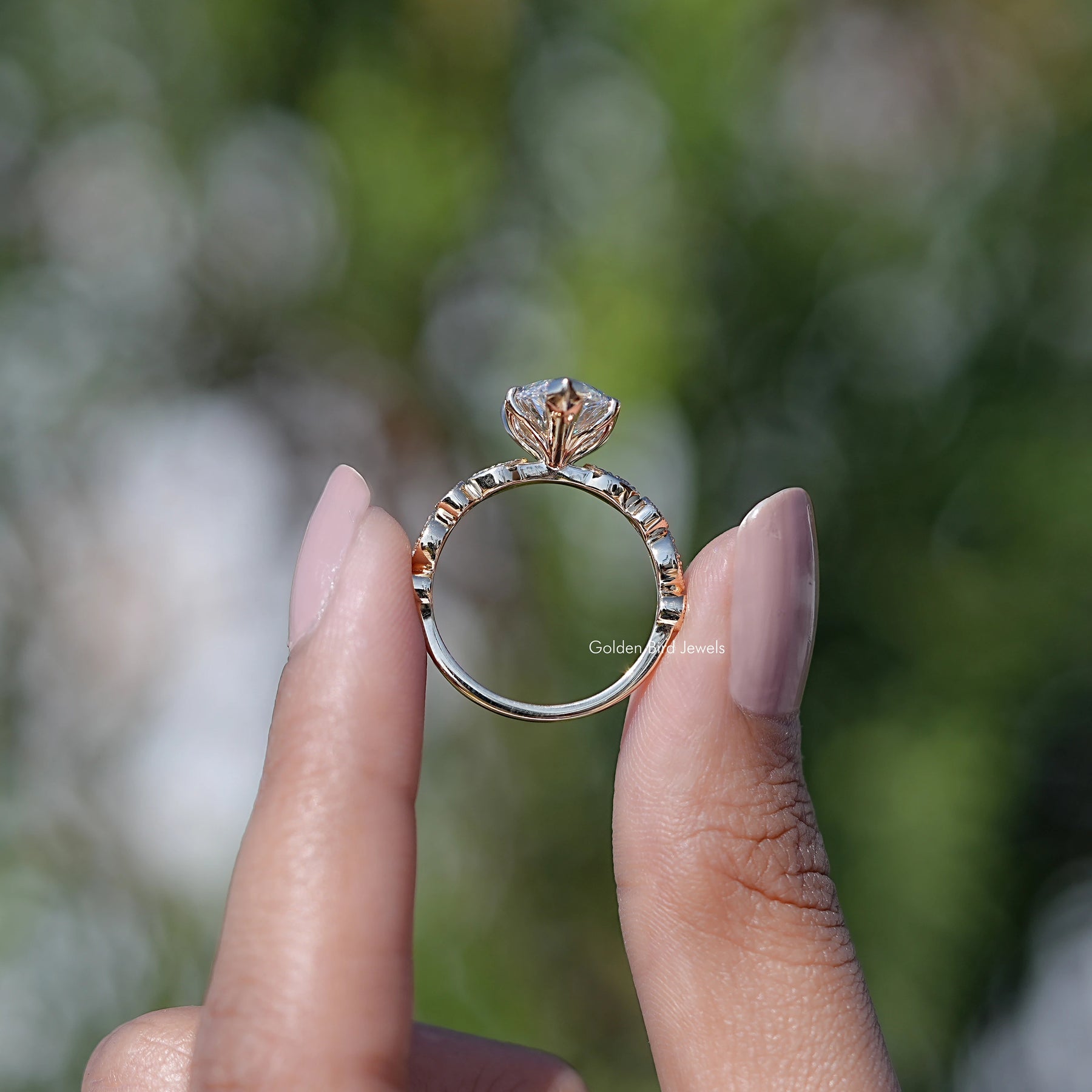 Back view of Lab Diamond Accent Set Bridal Ring in secure setting