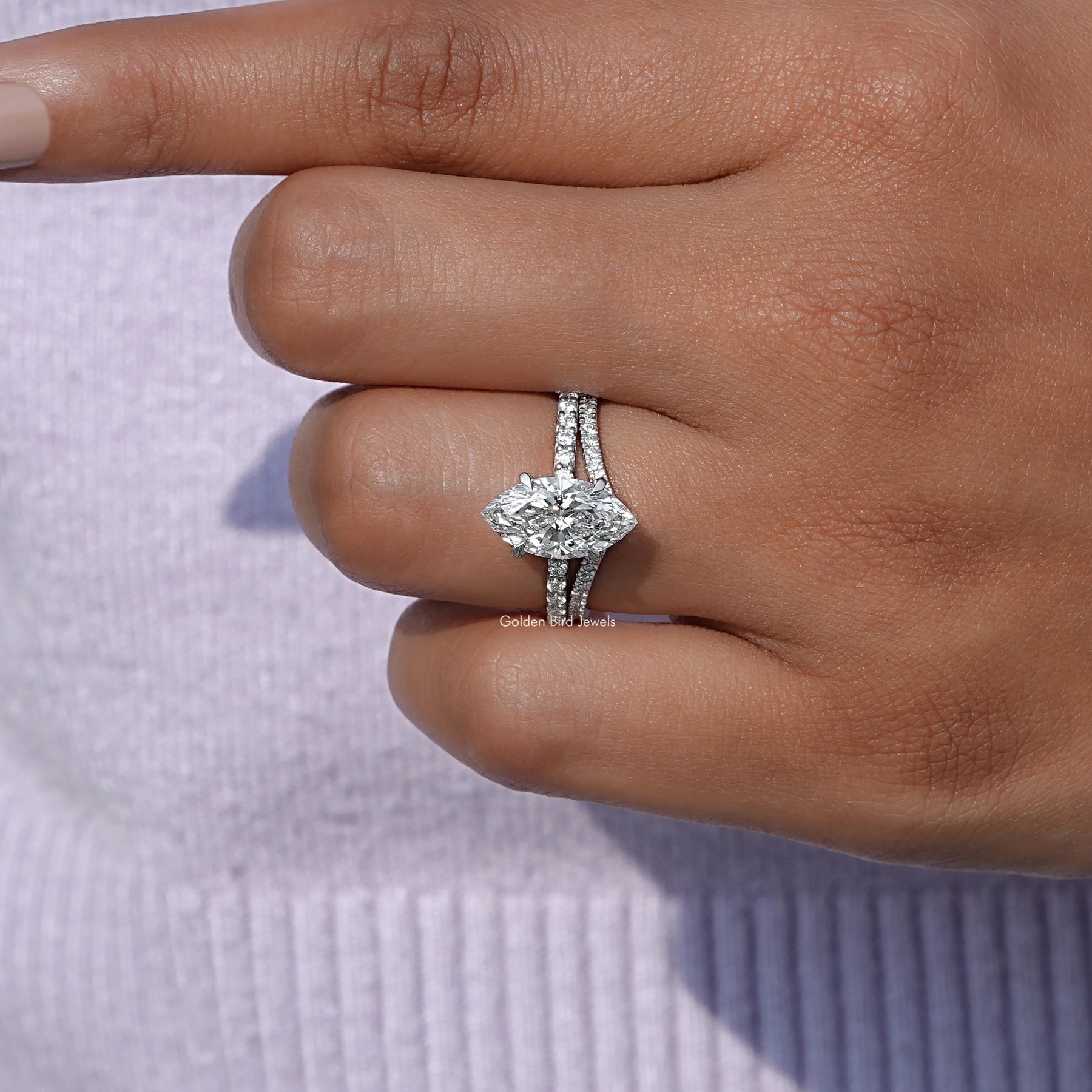 Detailed view of Marquise Cut Lab Diamond Bridal Ring Set