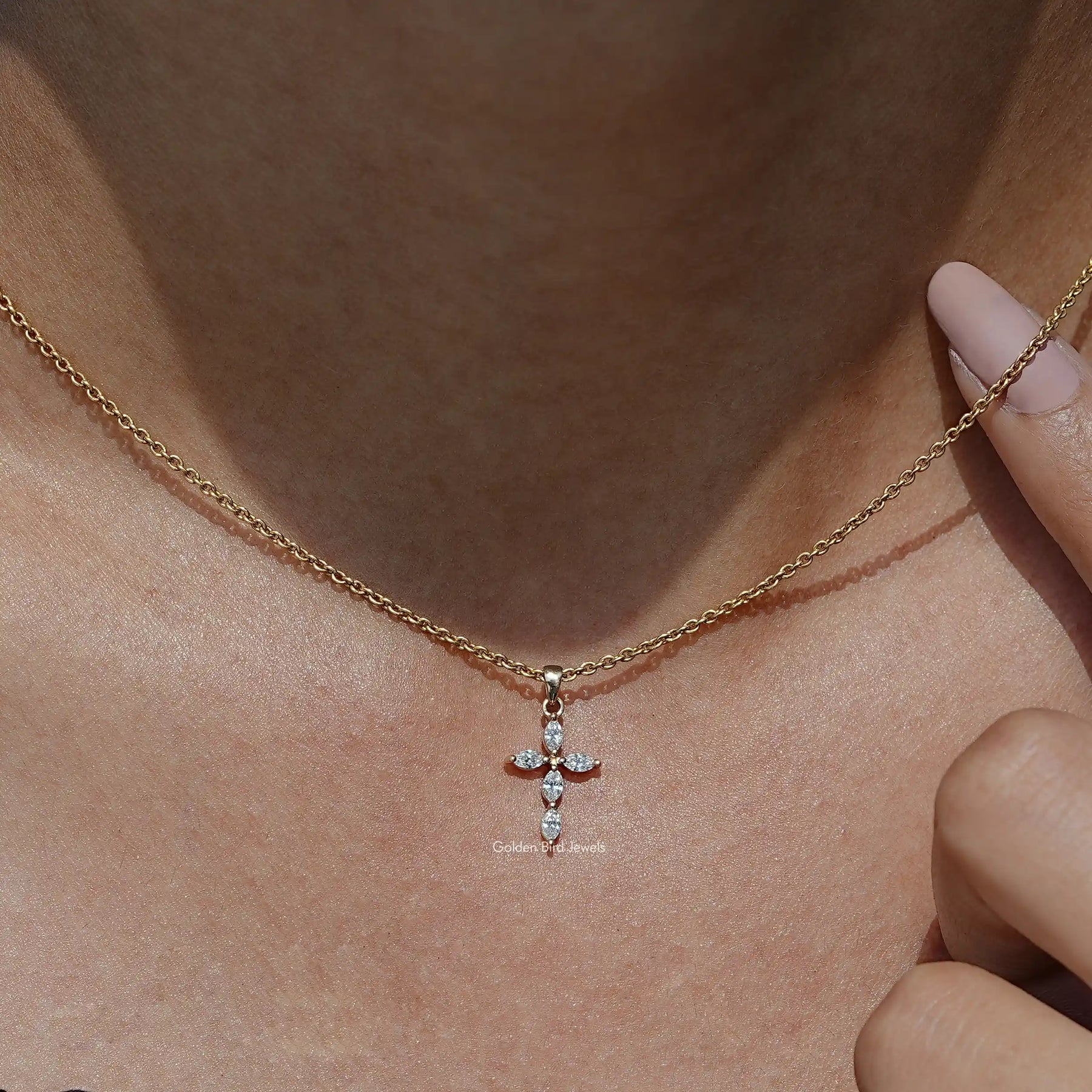 View of Marquise Cut Lab Grown Diamond Cross Pendant In Wear's of Women's