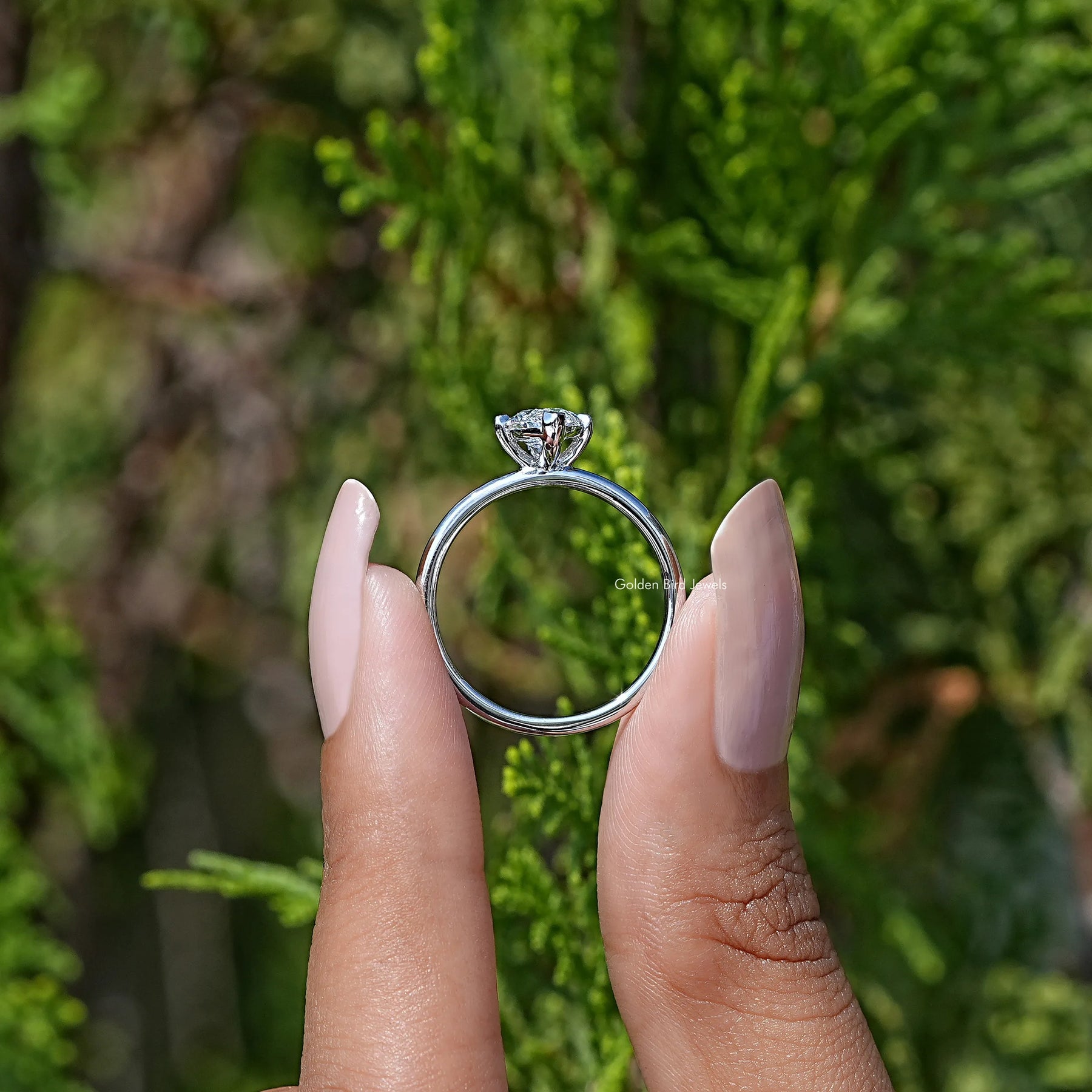 Back View A Marquise Cut Diamond Solitare Ring In two Fingers