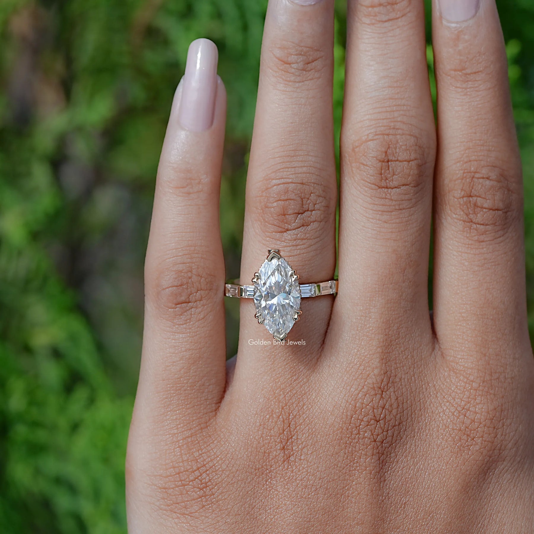 View of Marquise And Baguette Cut Moissanite Solitaire Accent Ring