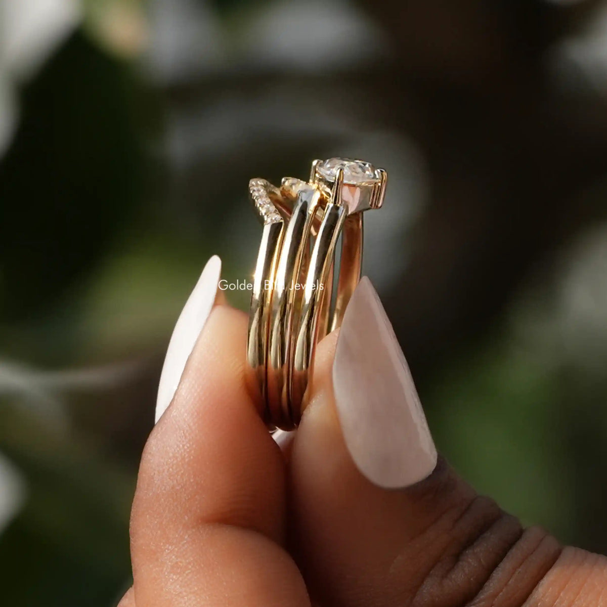 Side View of Marquise Cut Moissanite Bridal Curved Band In finger