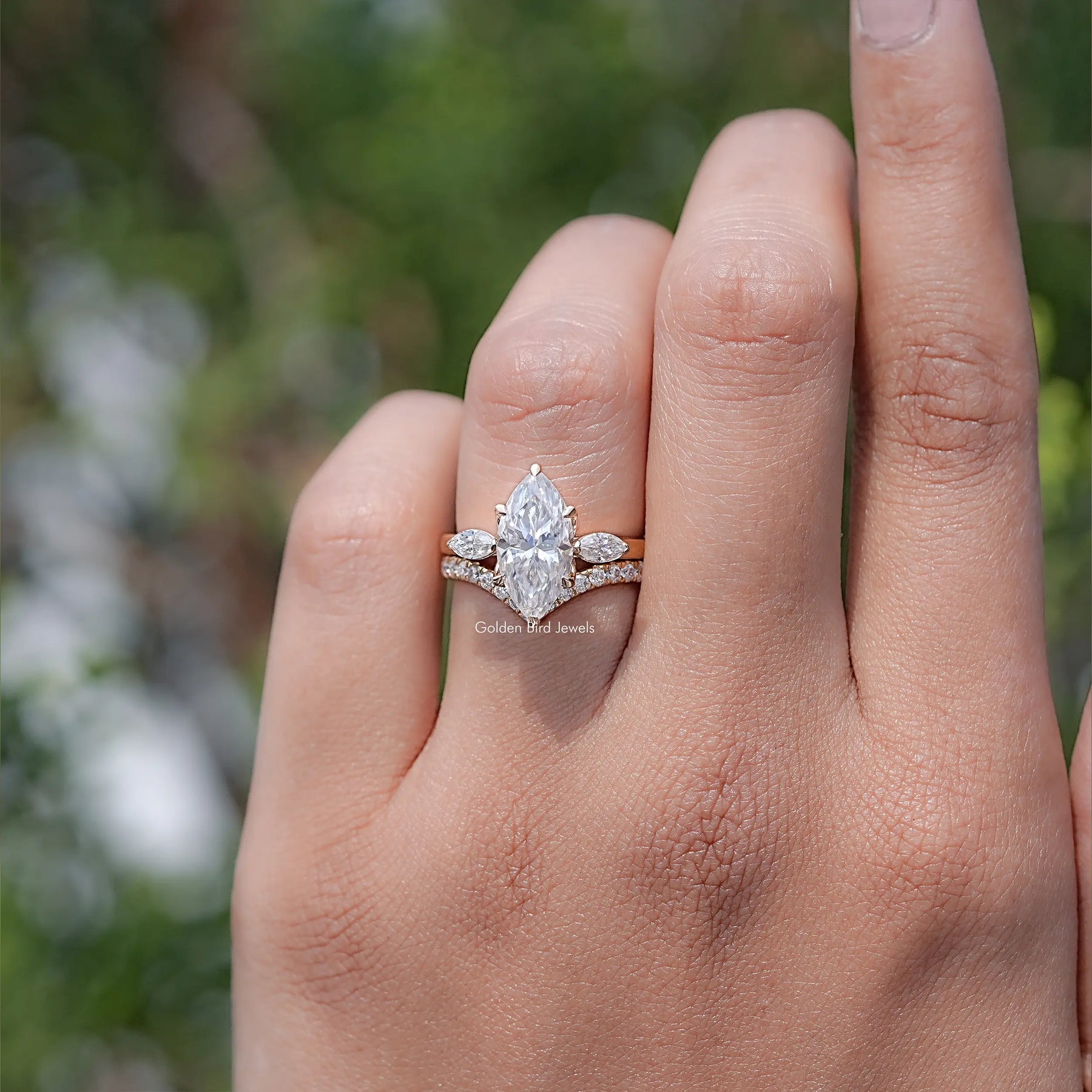 Marquise Cut Moissanite Three Stone Bridal Ring Set