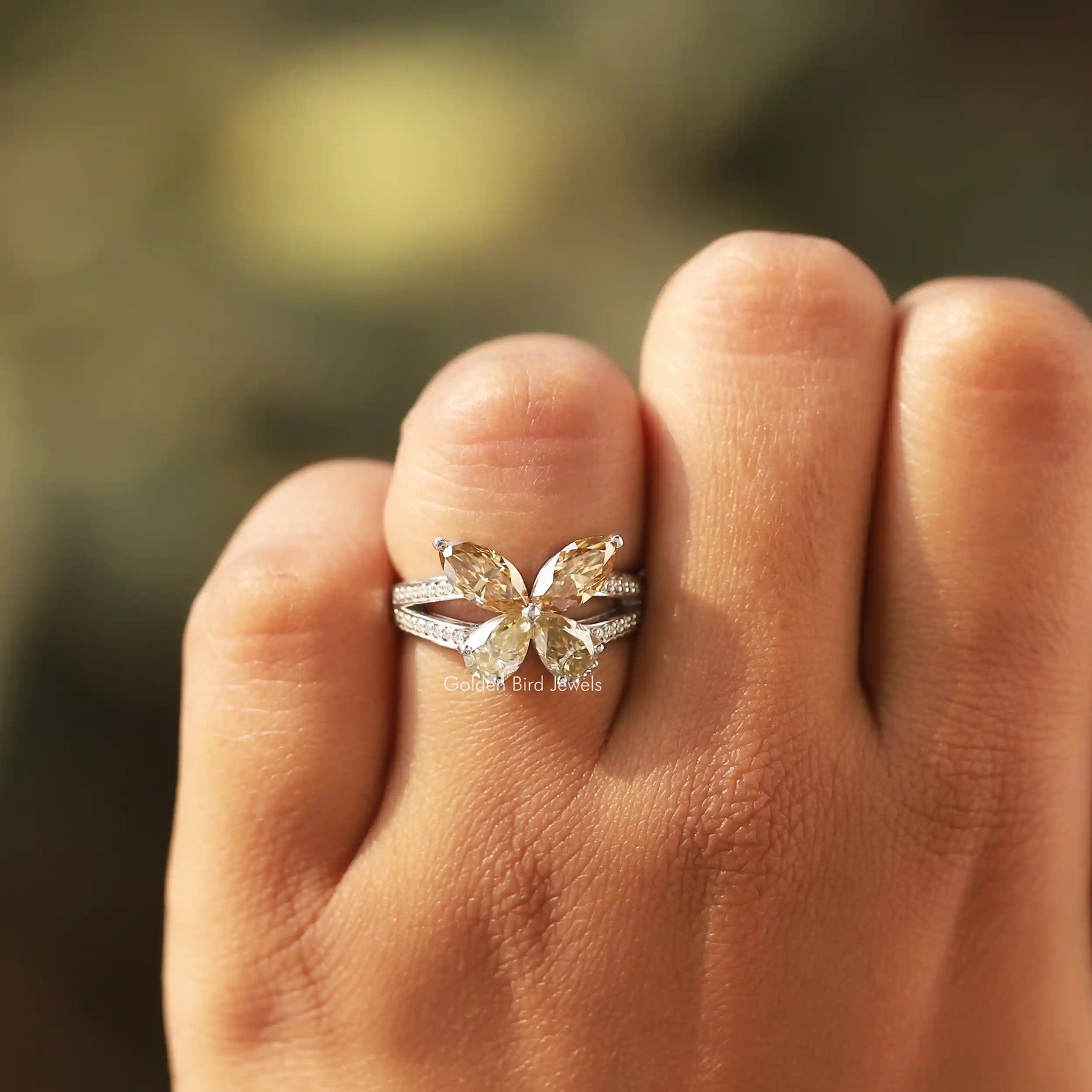 View of Marquise Cut Butterfly Moissanite Ring In White Gold