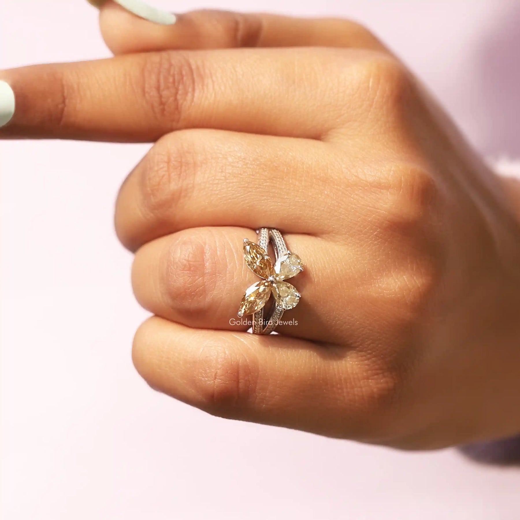 Close-Up View of Moissanite Marquise Cut Engagement Ring In White Gold