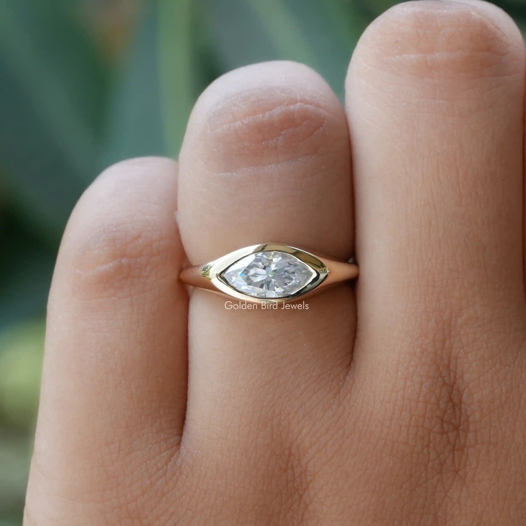 Close view of marquise cut moissanite ring