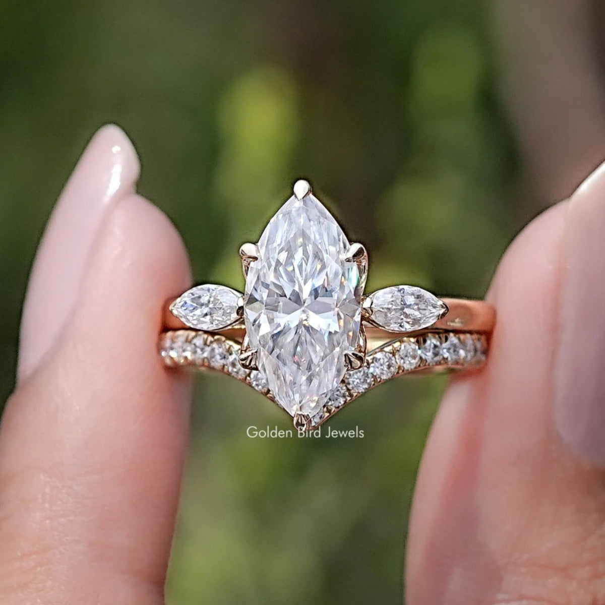 Marquise Cut Moissanite Three Stone Bridal Ring Set