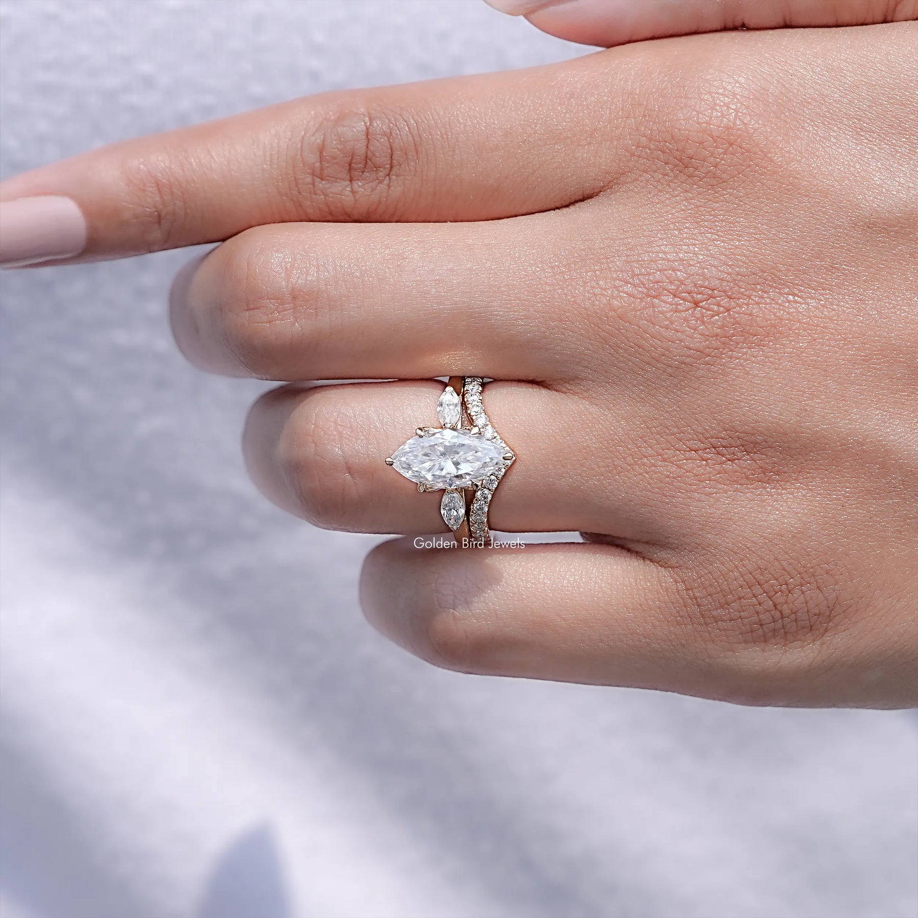Marquise Cut Moissanite Three Stone Bridal Ring Set