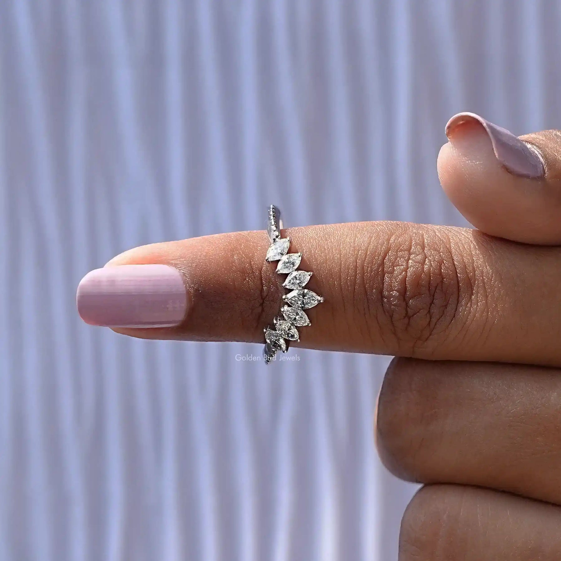 In finger front View of Marquise Cut Wedding Band In White Gold